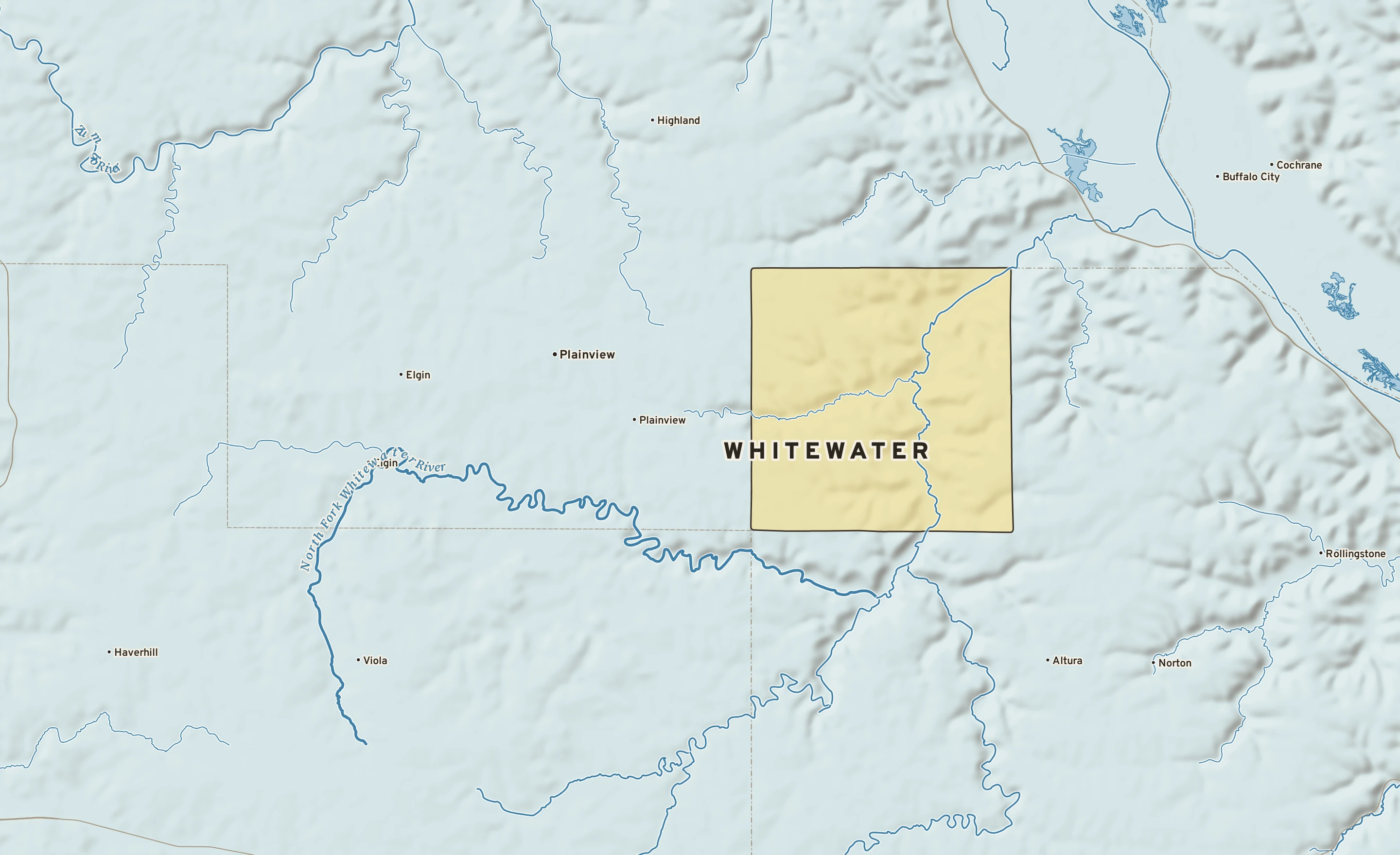 Shaded-relief atlas plate of Whitewater, Minnesota: rivers, roads, the city limits and where the water drains.