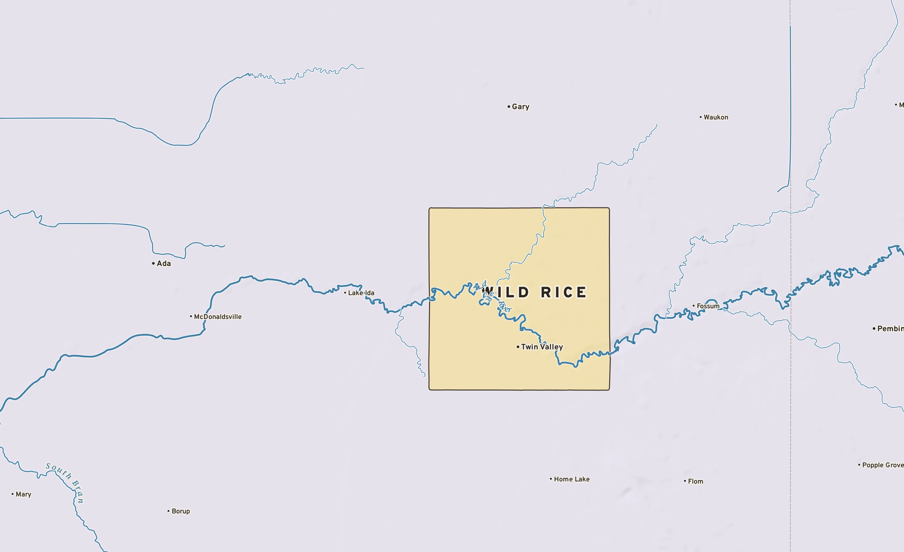 Shaded-relief atlas plate of Wild Rice, Minnesota: rivers, roads, the city limits and where the water drains.