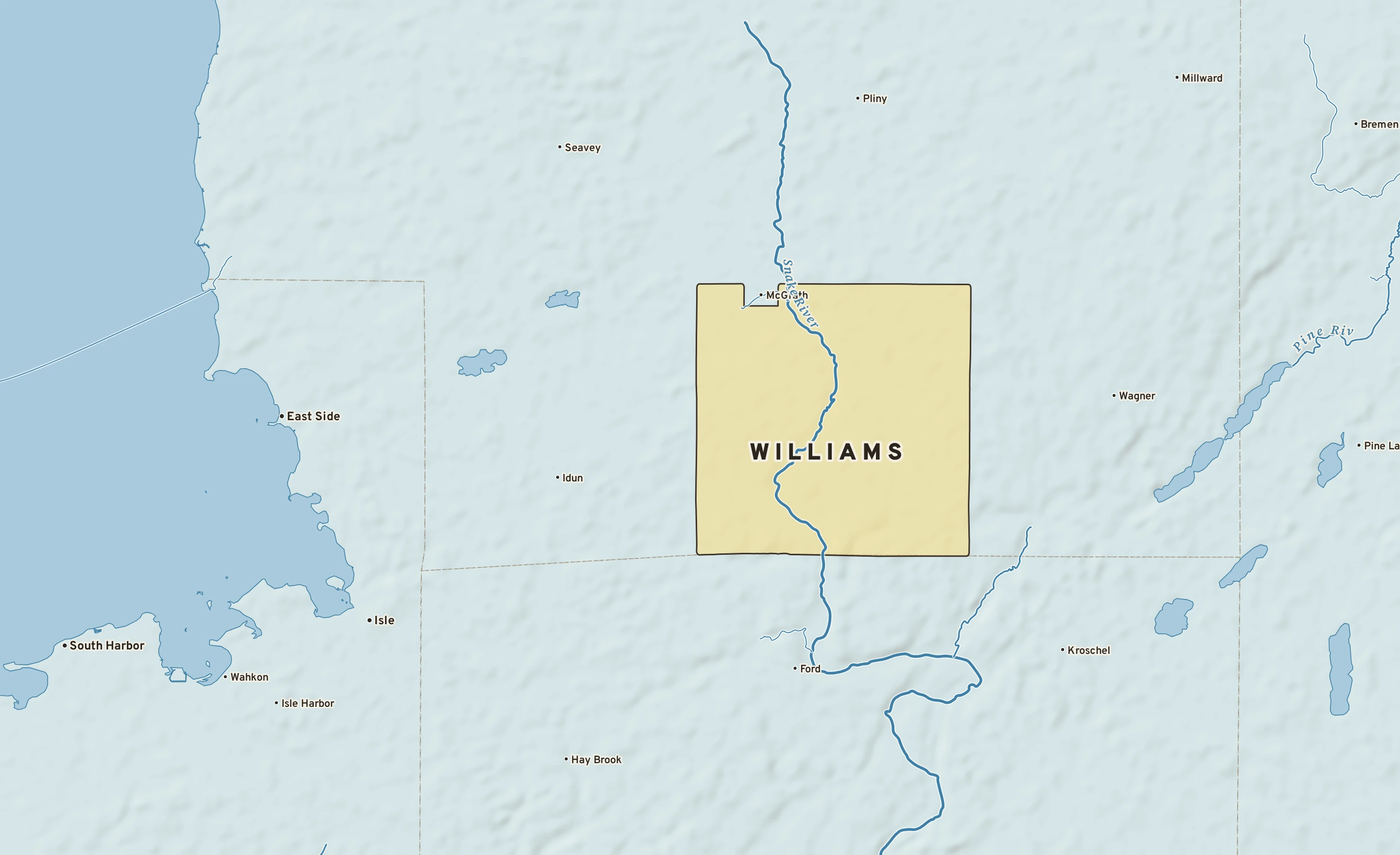 Shaded-relief atlas plate of Williams, Minnesota: rivers, roads, the city limits and where the water drains.