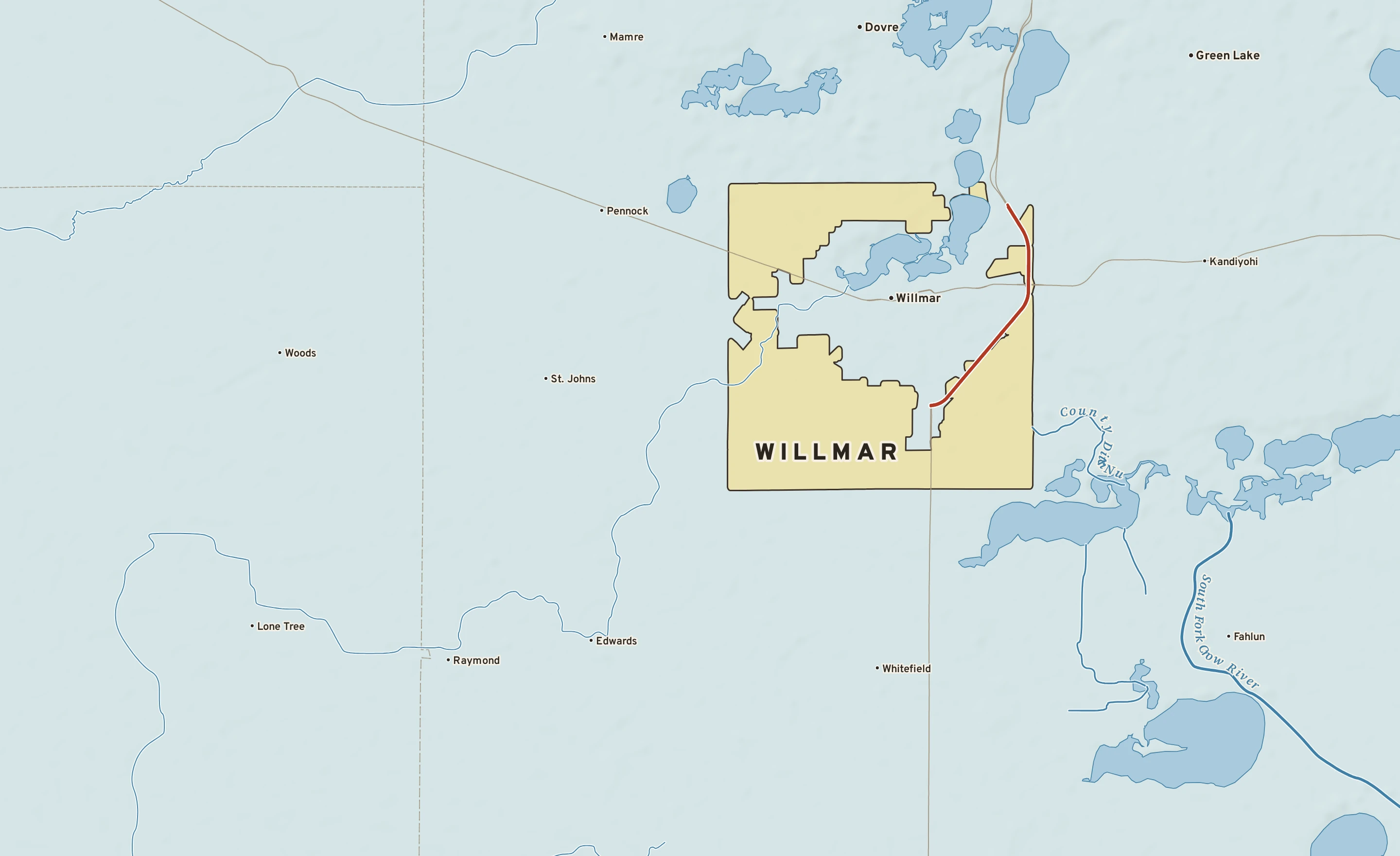 Shaded-relief atlas plate of Willmar, Minnesota: rivers, roads, the city limits and where the water drains.