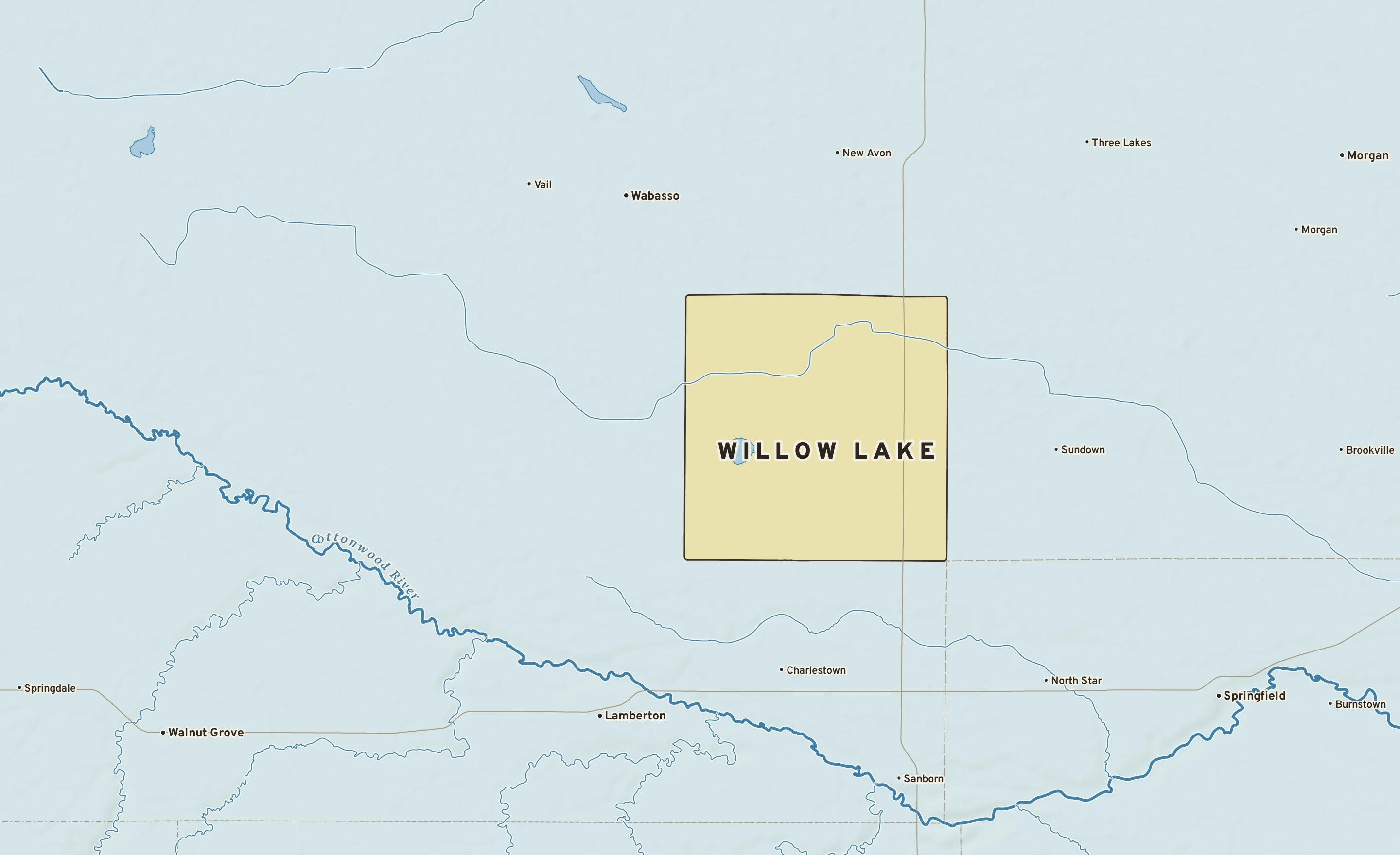 Shaded-relief atlas plate of Willow Lake, Minnesota: rivers, roads, the city limits and where the water drains.