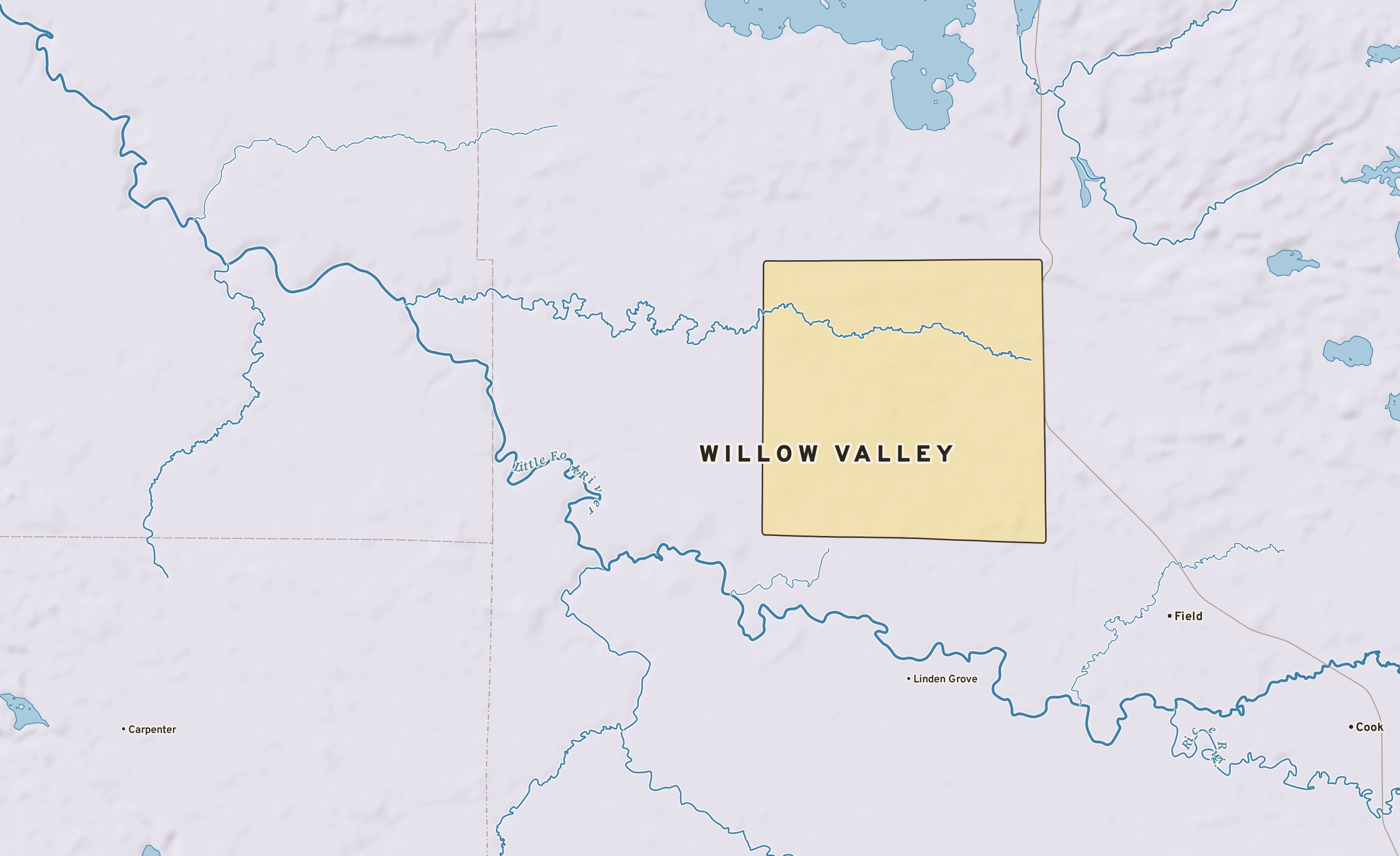 Shaded-relief atlas plate of Willow Valley, Minnesota: rivers, roads, the city limits and where the water drains.