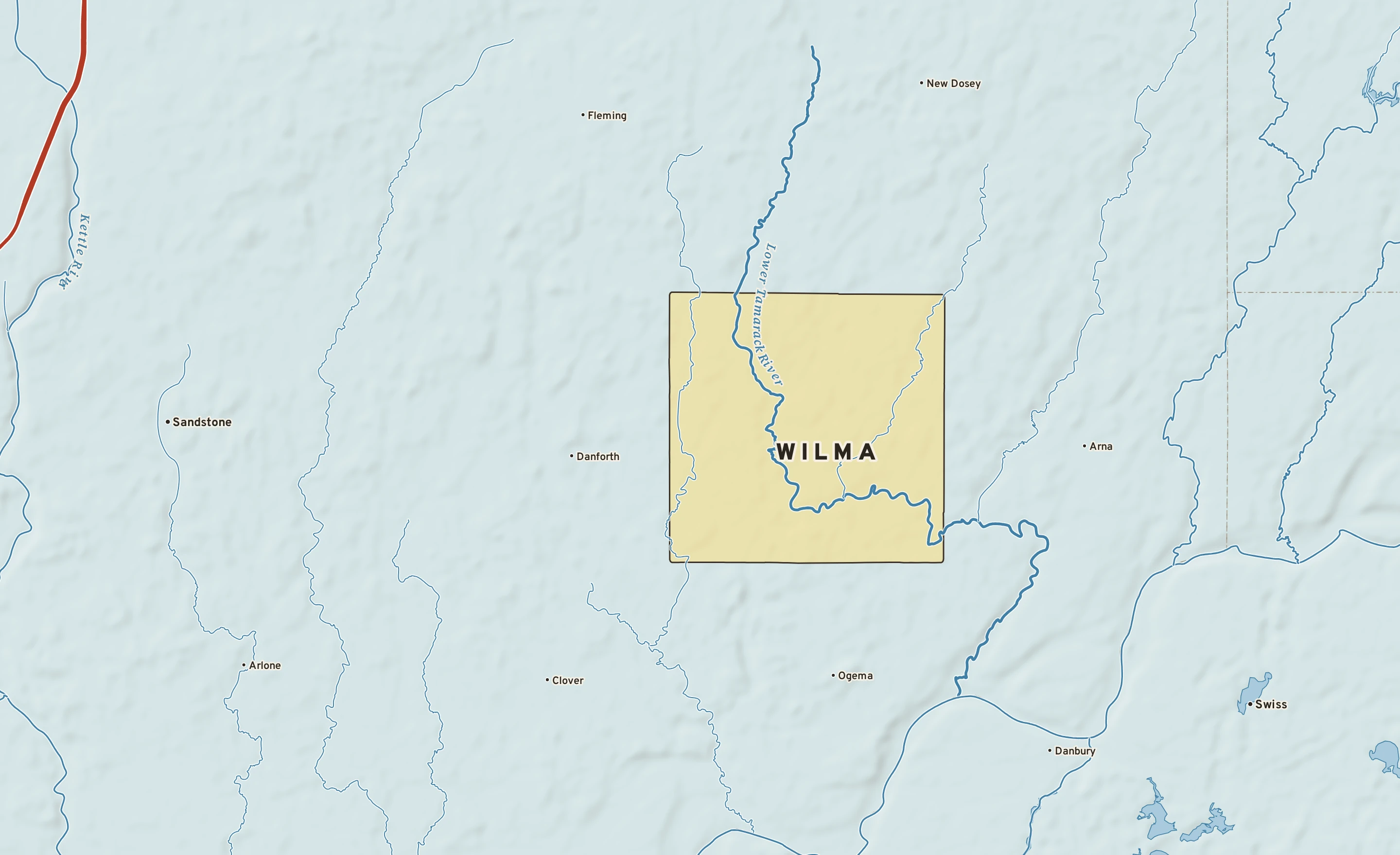 Shaded-relief atlas plate of Wilma, Minnesota: rivers, roads, the city limits and where the water drains.