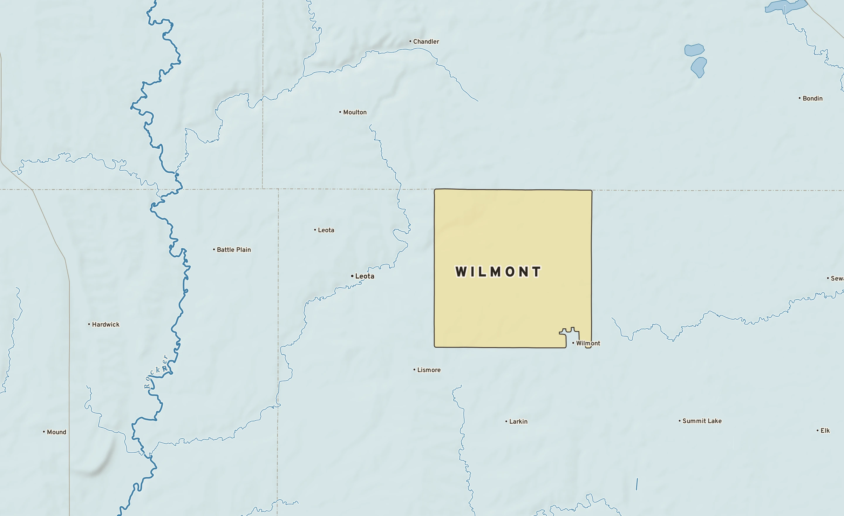 Shaded-relief atlas plate of Wilmont, Minnesota: rivers, roads, the city limits and where the water drains.