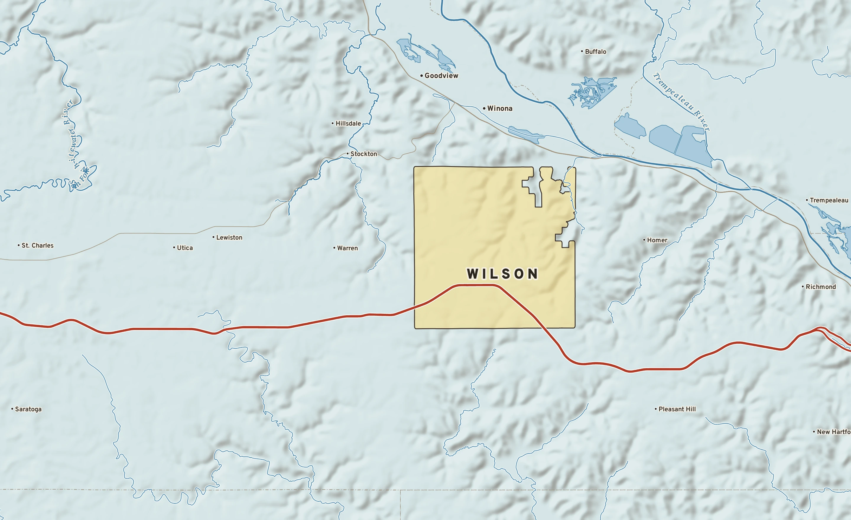 Shaded-relief atlas plate of Wilson, Minnesota: rivers, roads, the city limits and where the water drains.