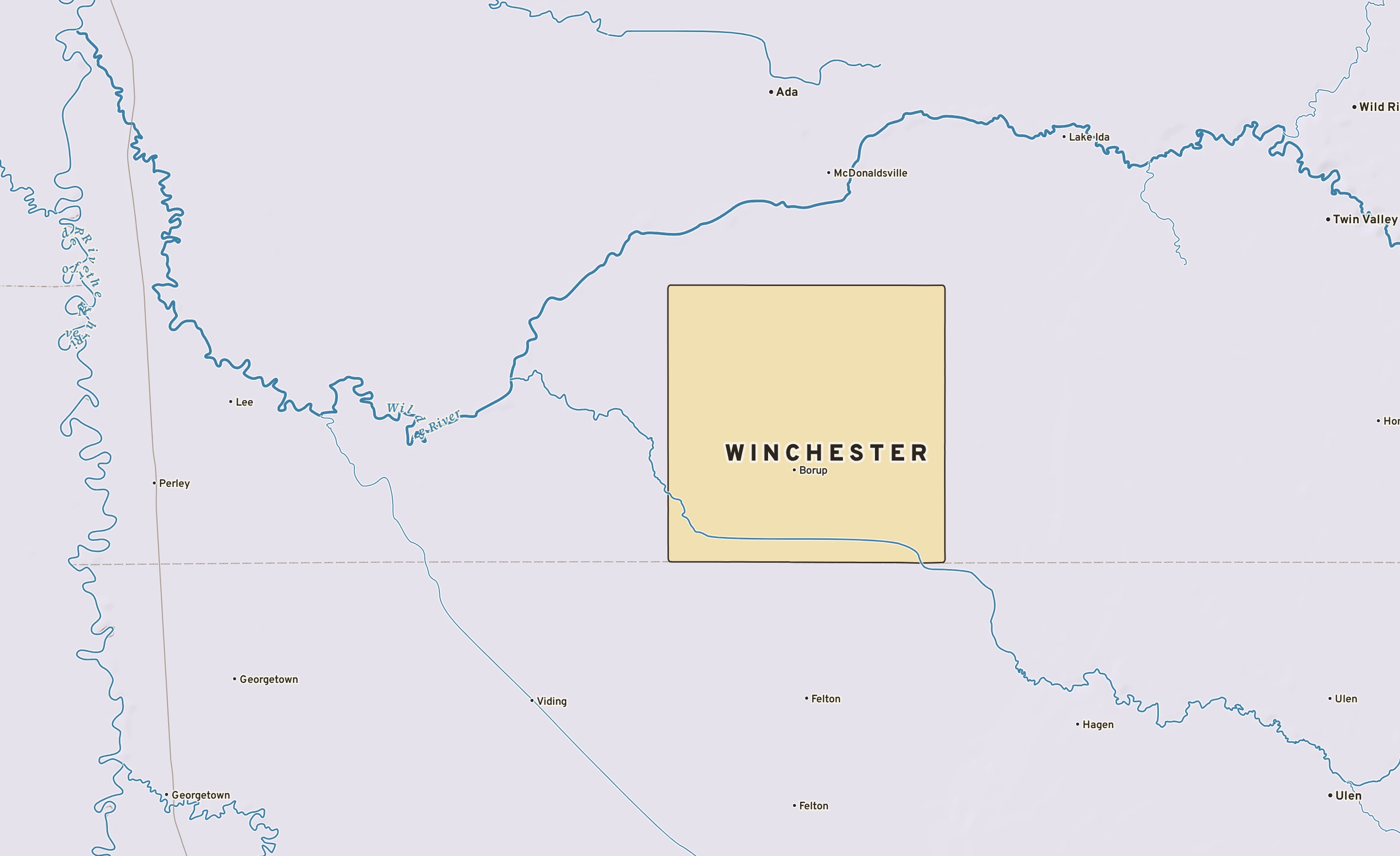 Shaded-relief atlas plate of Winchester, Minnesota: rivers, roads, the city limits and where the water drains.