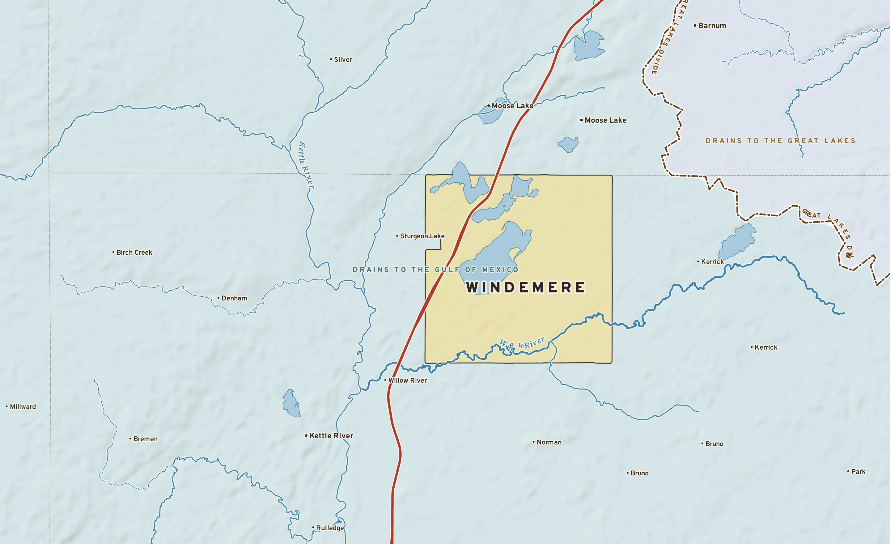 Shaded-relief atlas plate of Windemere, Minnesota: rivers, roads, the city limits and where the water drains.
