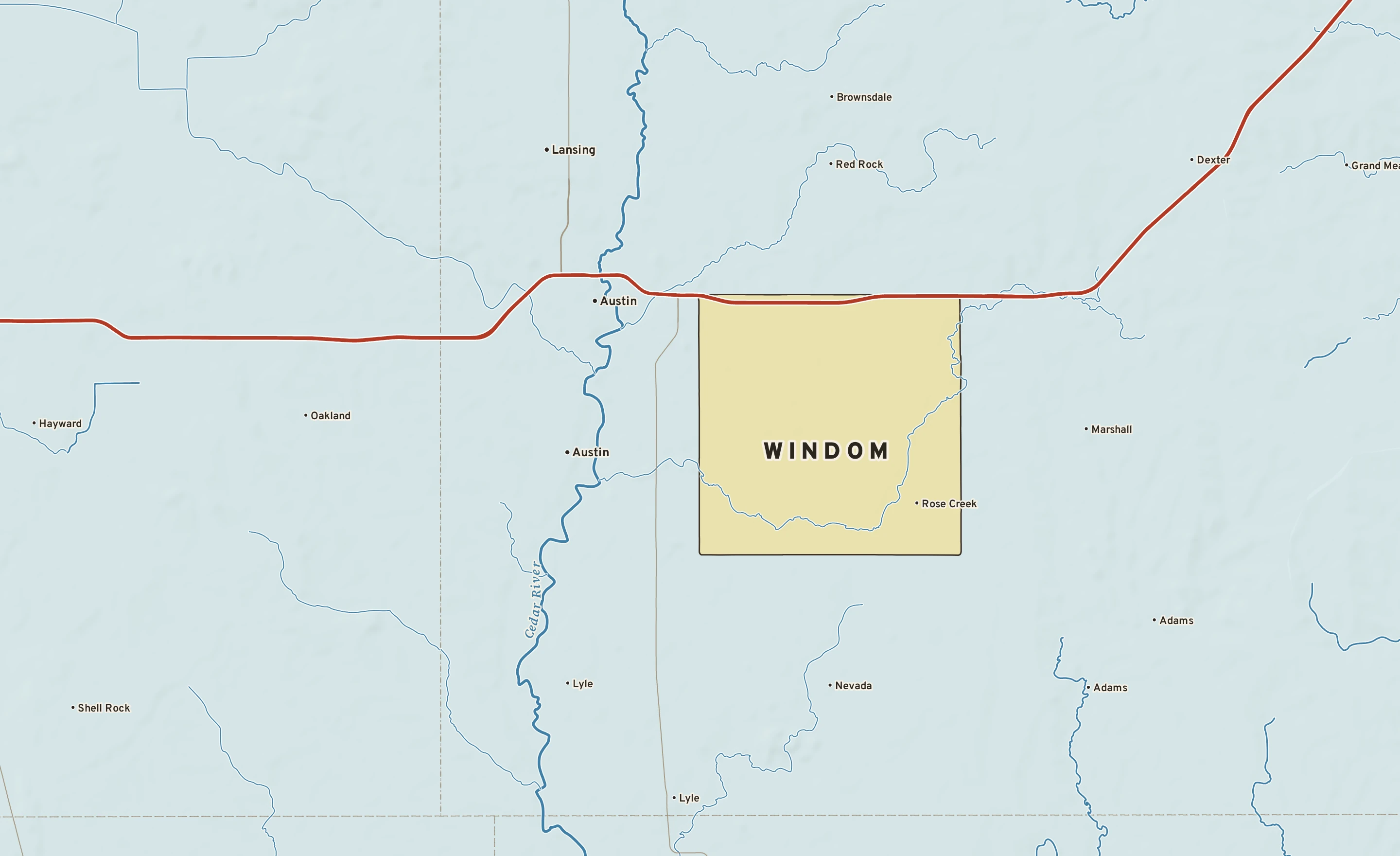 Shaded-relief atlas plate of Windom, Minnesota: rivers, roads, the city limits and where the water drains.