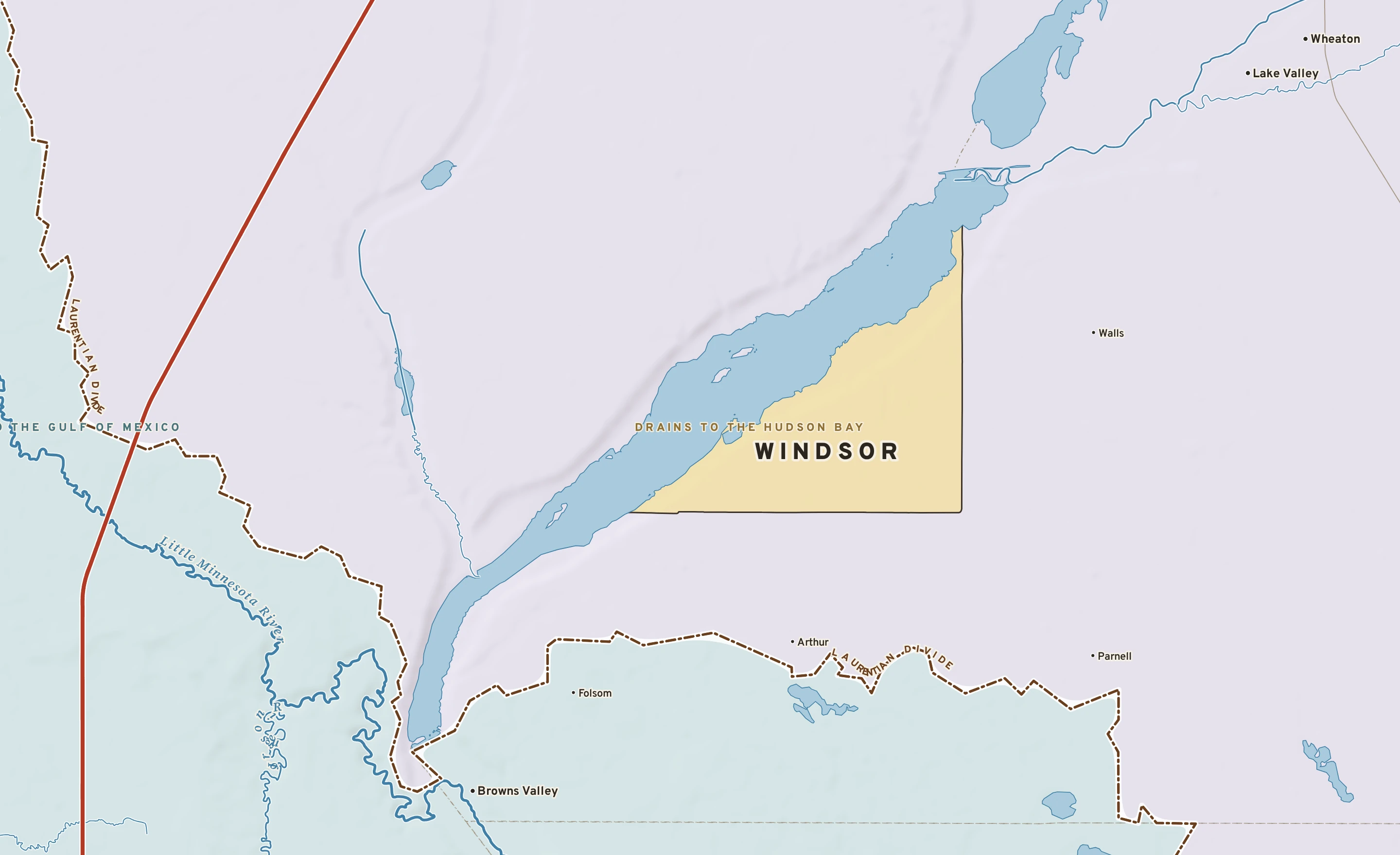 Shaded-relief atlas plate of Windsor, Minnesota: rivers, roads, the city limits and where the water drains.