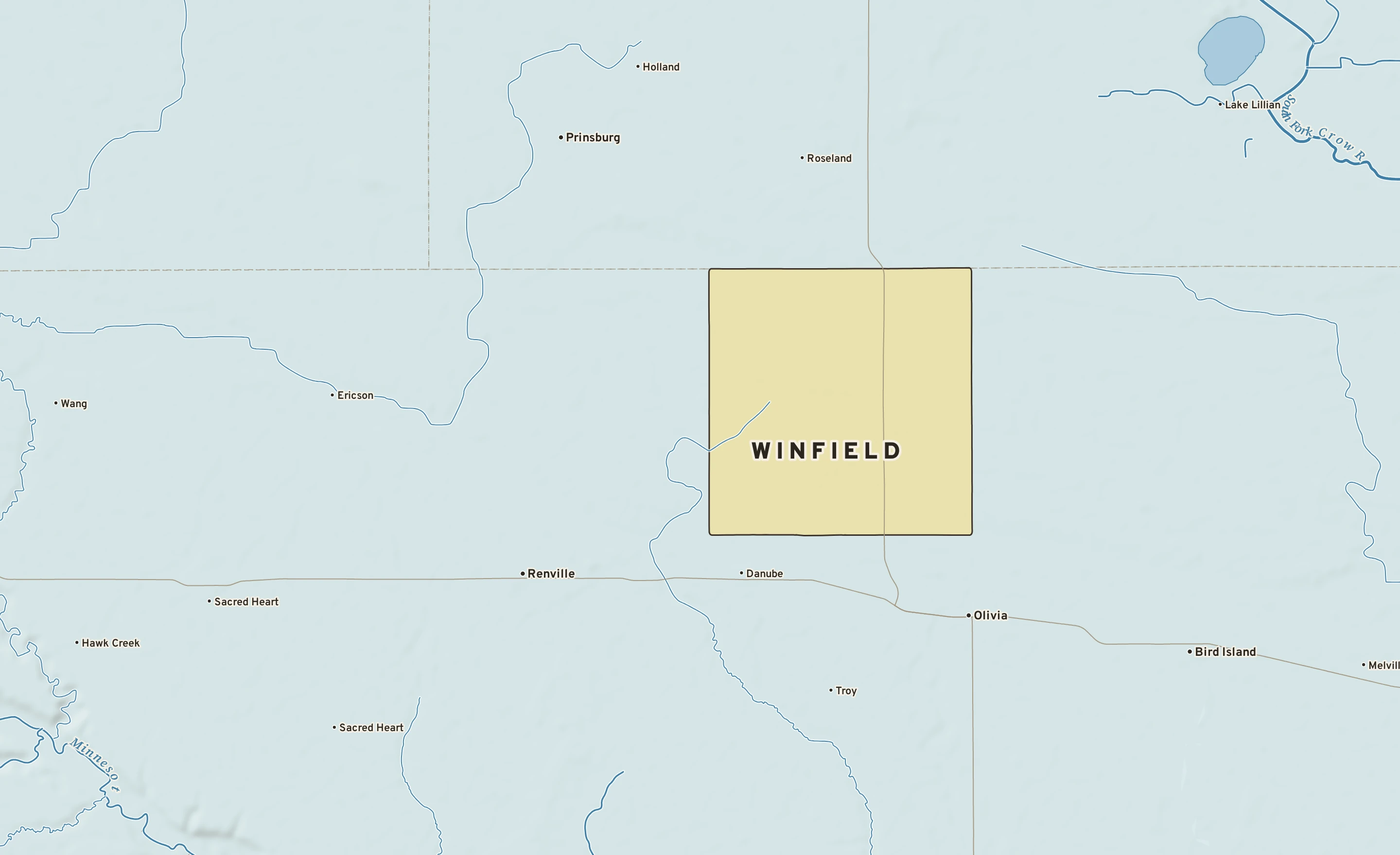 Shaded-relief atlas plate of Winfield, Minnesota: rivers, roads, the city limits and where the water drains.