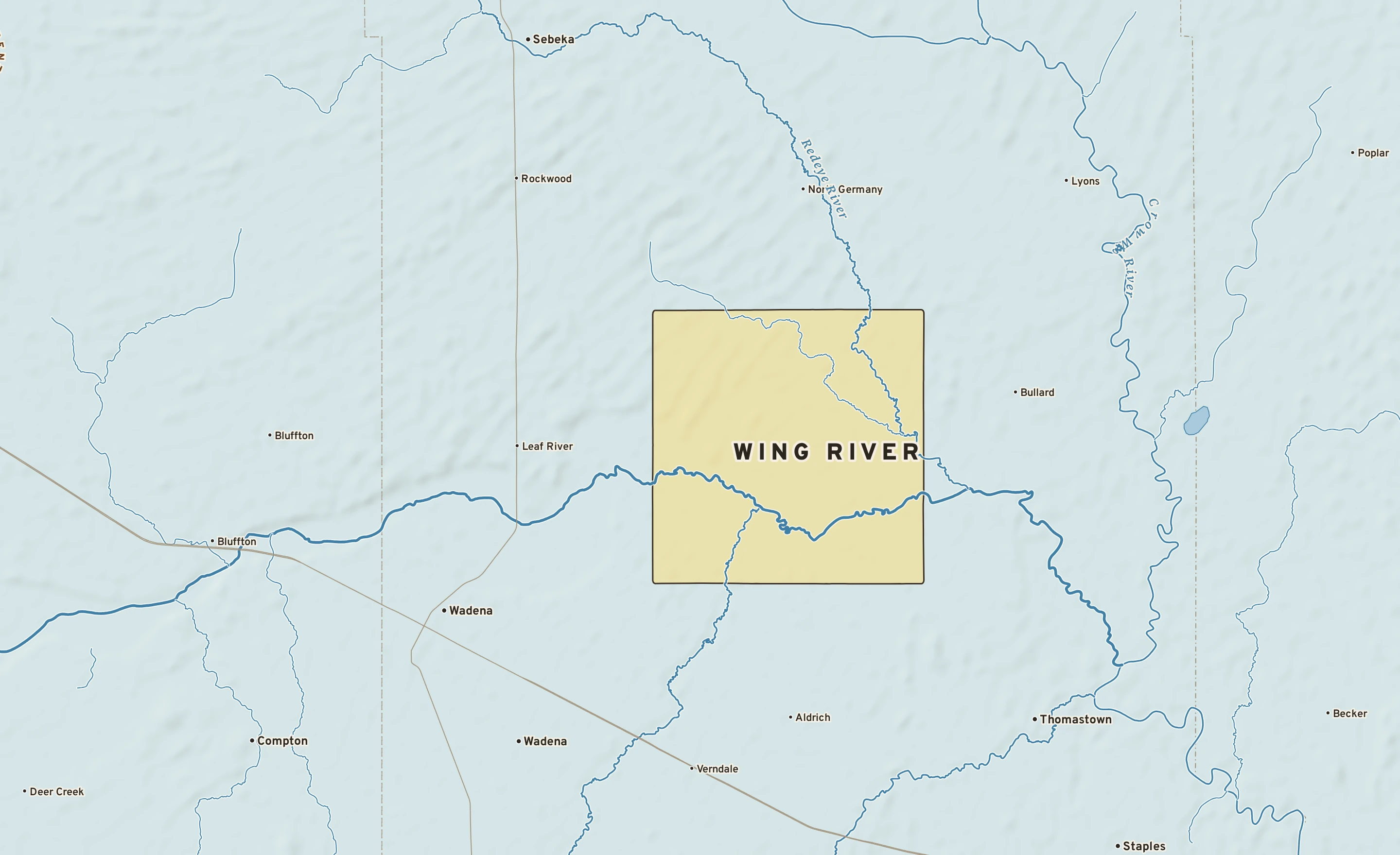 Shaded-relief atlas plate of Wing River, Minnesota: rivers, roads, the city limits and where the water drains.