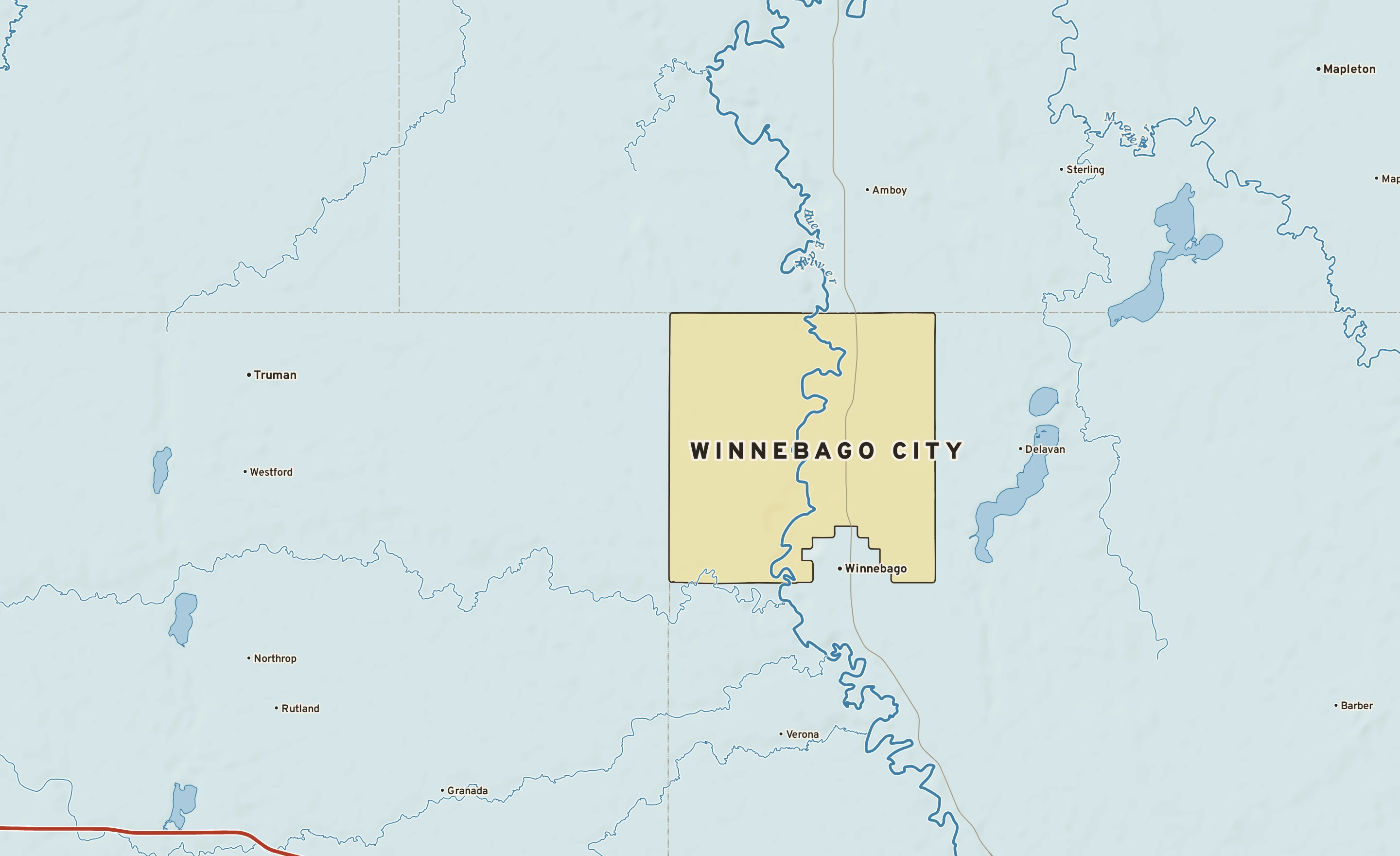 Shaded-relief atlas plate of Winnebago City, Minnesota: rivers, roads, the city limits and where the water drains.