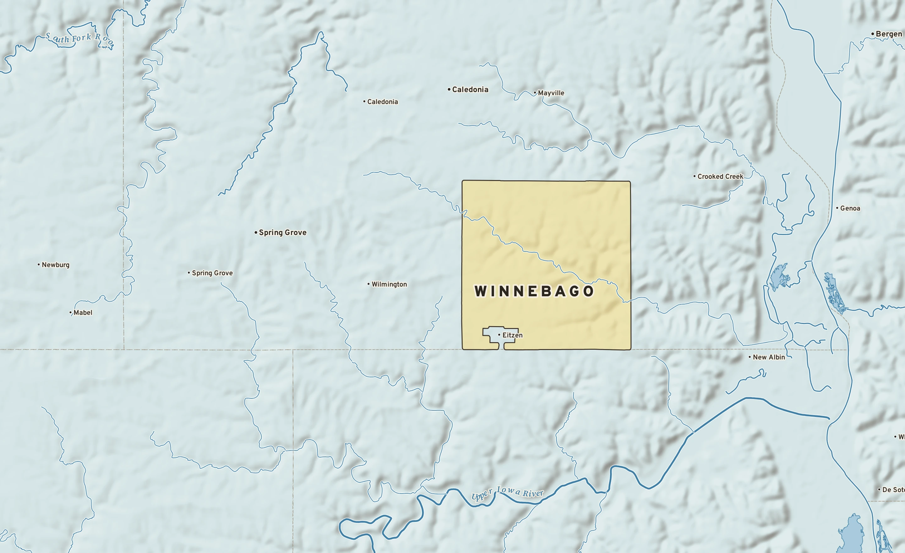 Shaded-relief atlas plate of Winnebago, Minnesota: rivers, roads, the city limits and where the water drains.