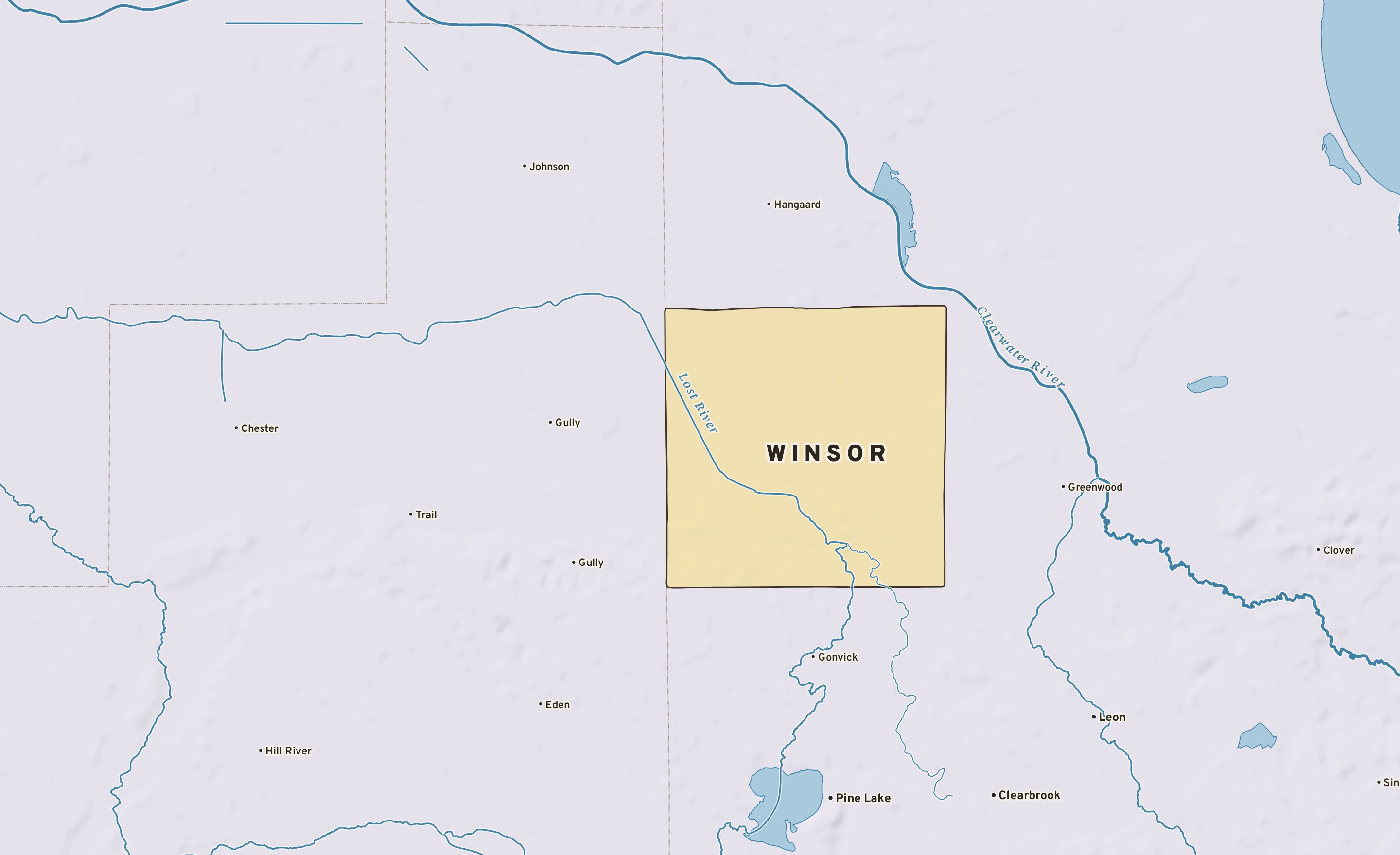 Shaded-relief atlas plate of Winsor, Minnesota: rivers, roads, the city limits and where the water drains.