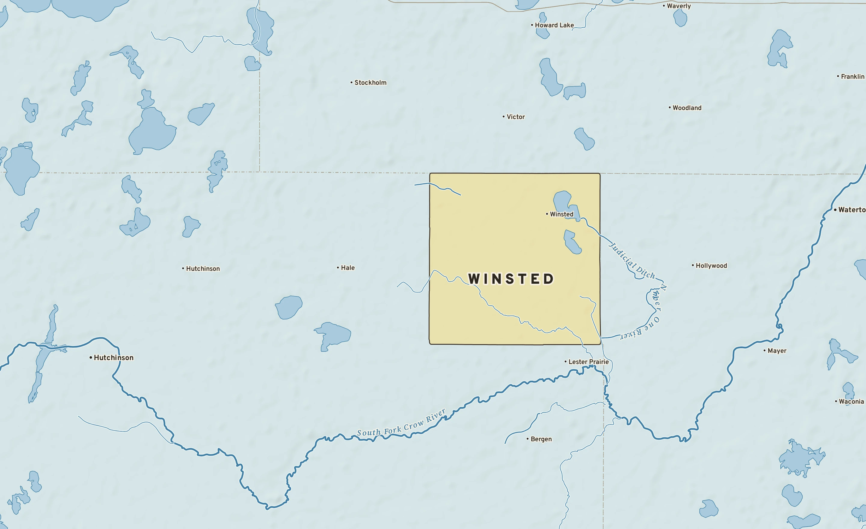 Shaded-relief atlas plate of Winsted, Minnesota: rivers, roads, the city limits and where the water drains.