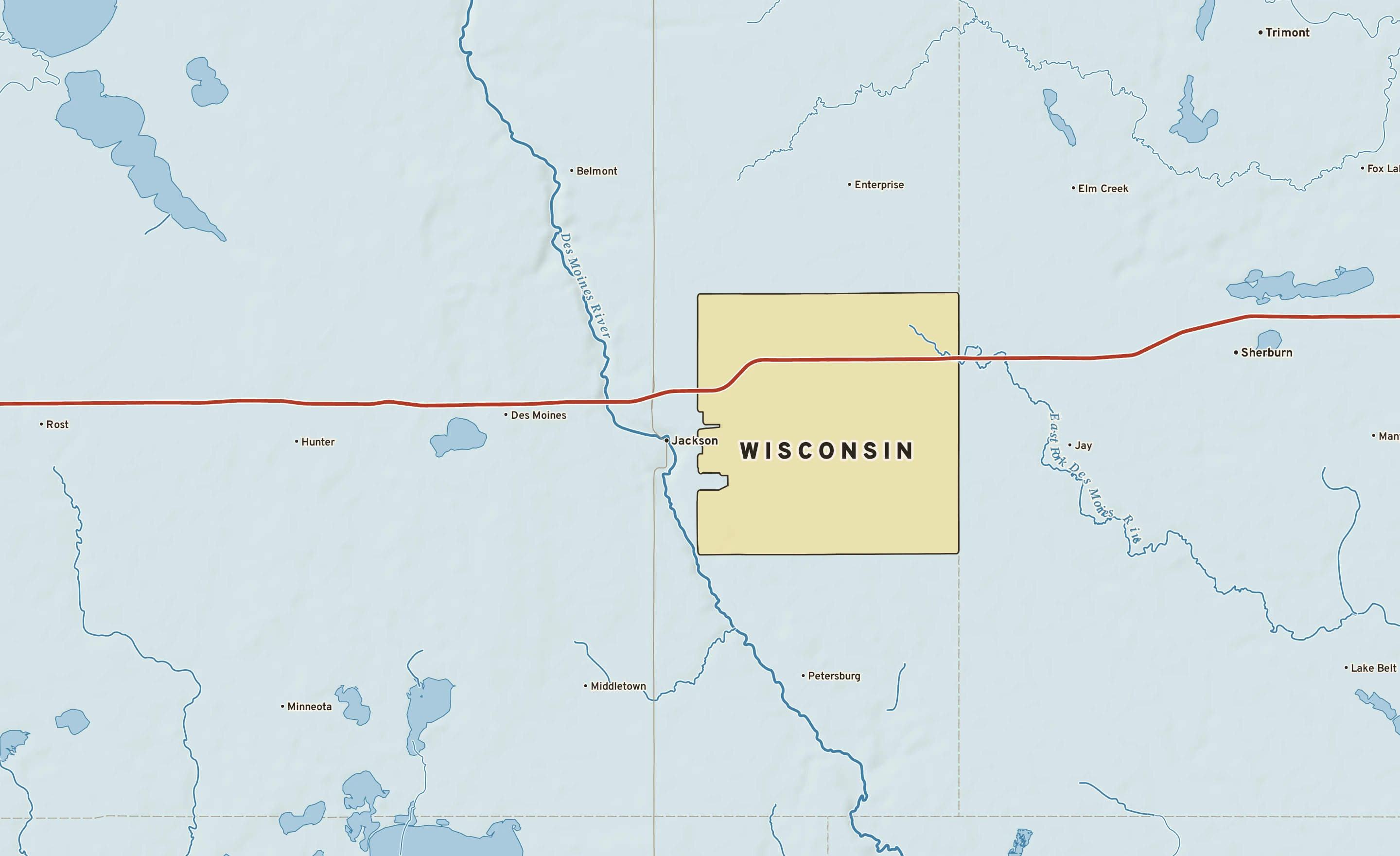 Shaded-relief atlas plate of Wisconsin, Minnesota: rivers, roads, the city limits and where the water drains.