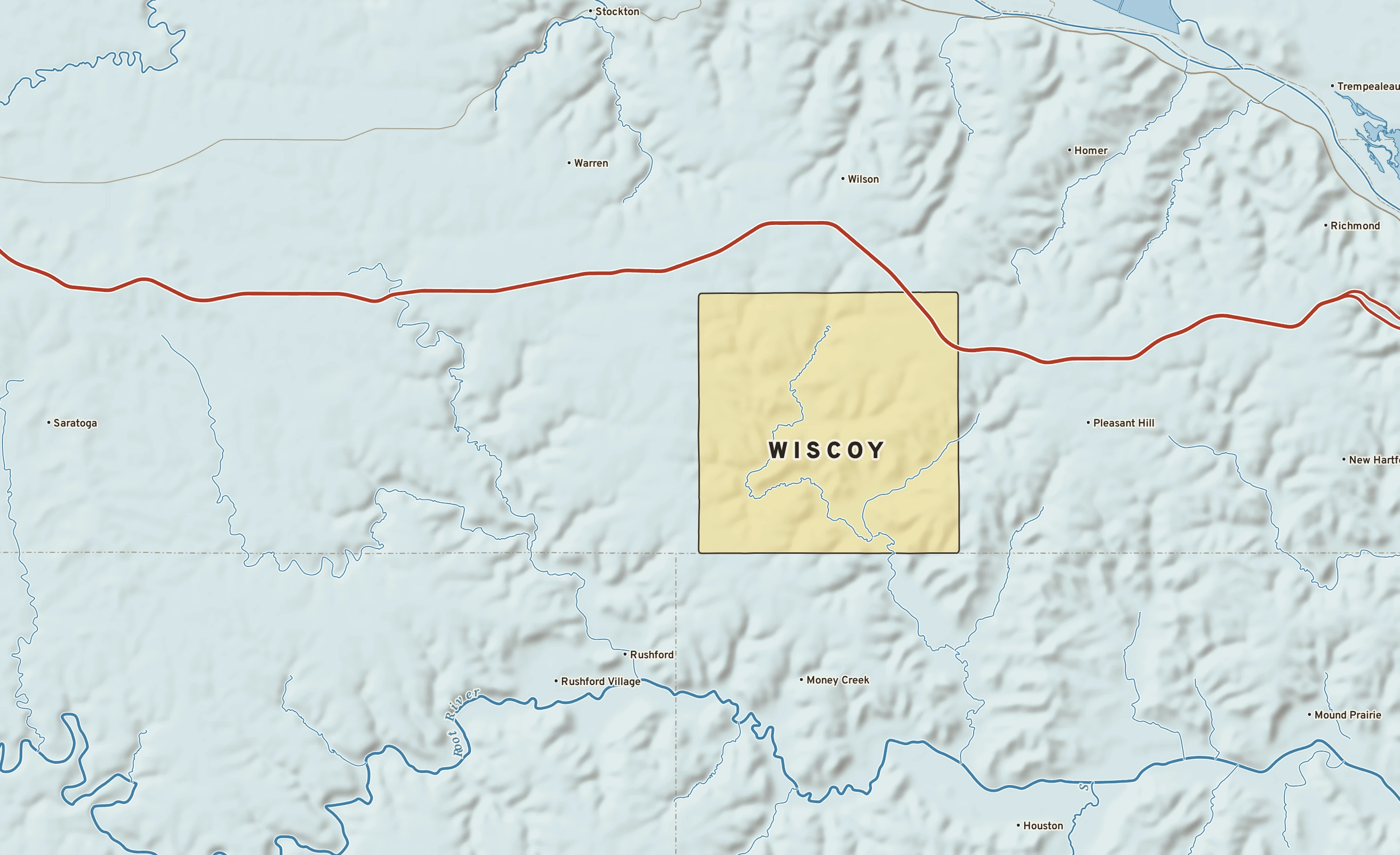 Shaded-relief atlas plate of Wiscoy, Minnesota: rivers, roads, the city limits and where the water drains.