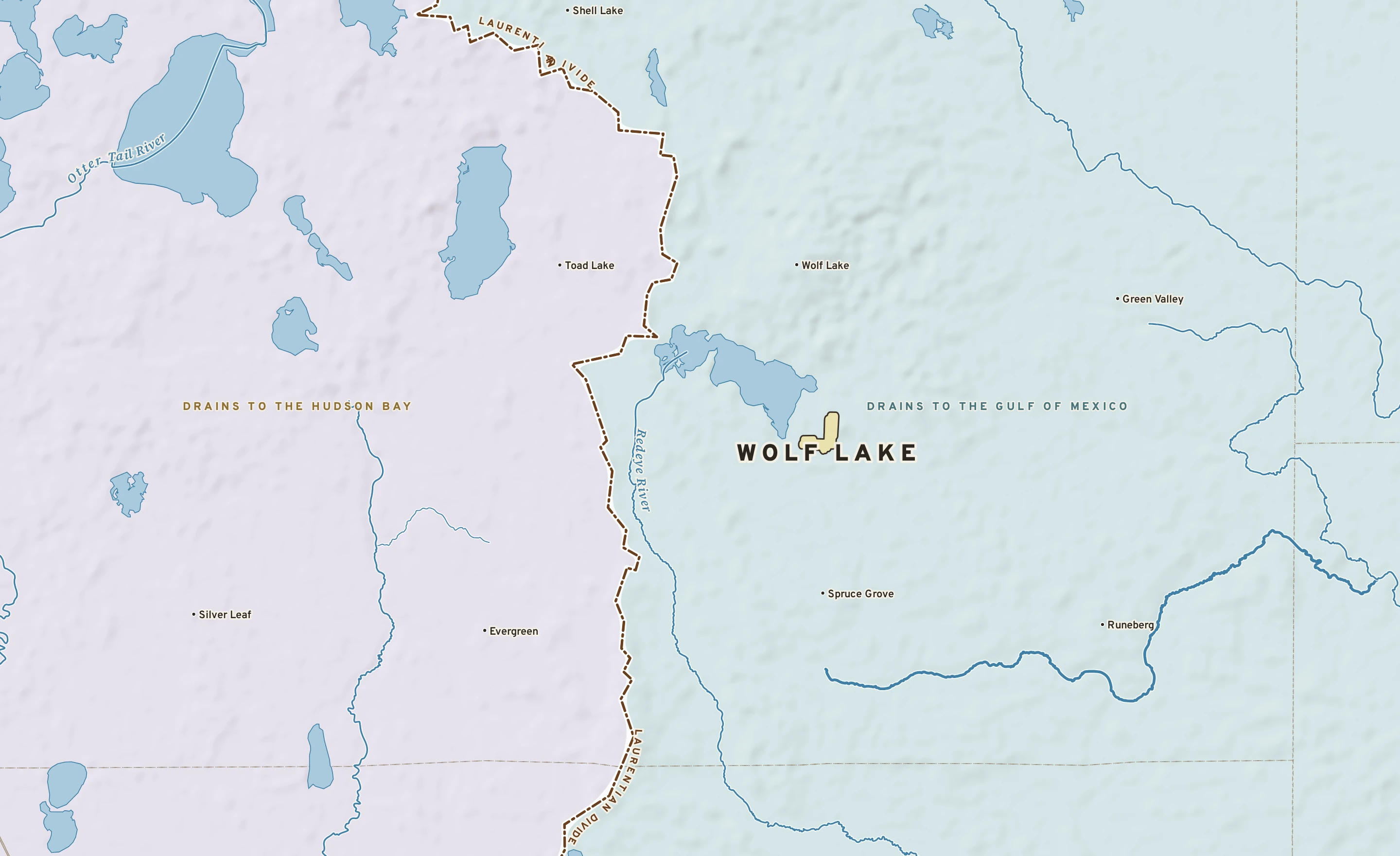 Shaded-relief atlas plate of Wolf Lake, Minnesota: rivers, roads, the city limits and where the water drains.