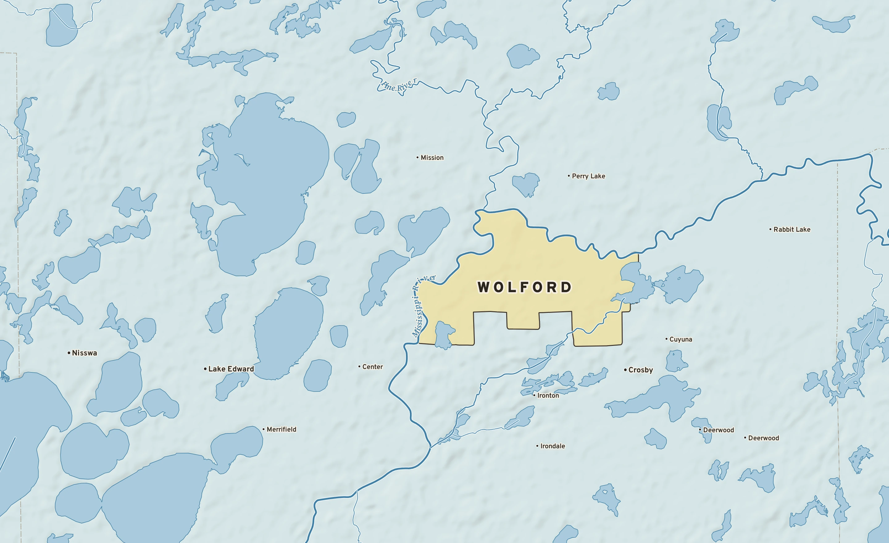 Shaded-relief atlas plate of Wolford, Minnesota: rivers, roads, the city limits and where the water drains.