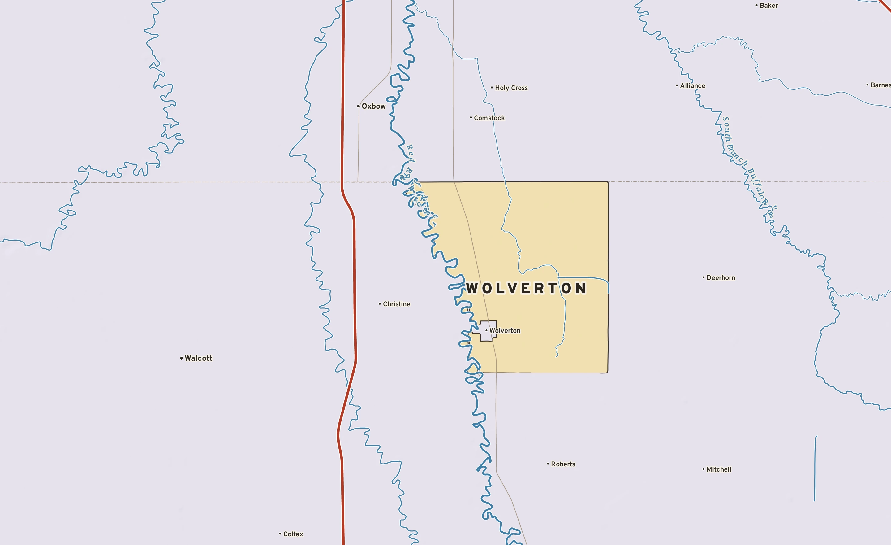 Shaded-relief atlas plate of Wolverton, Minnesota: rivers, roads, the city limits and where the water drains.