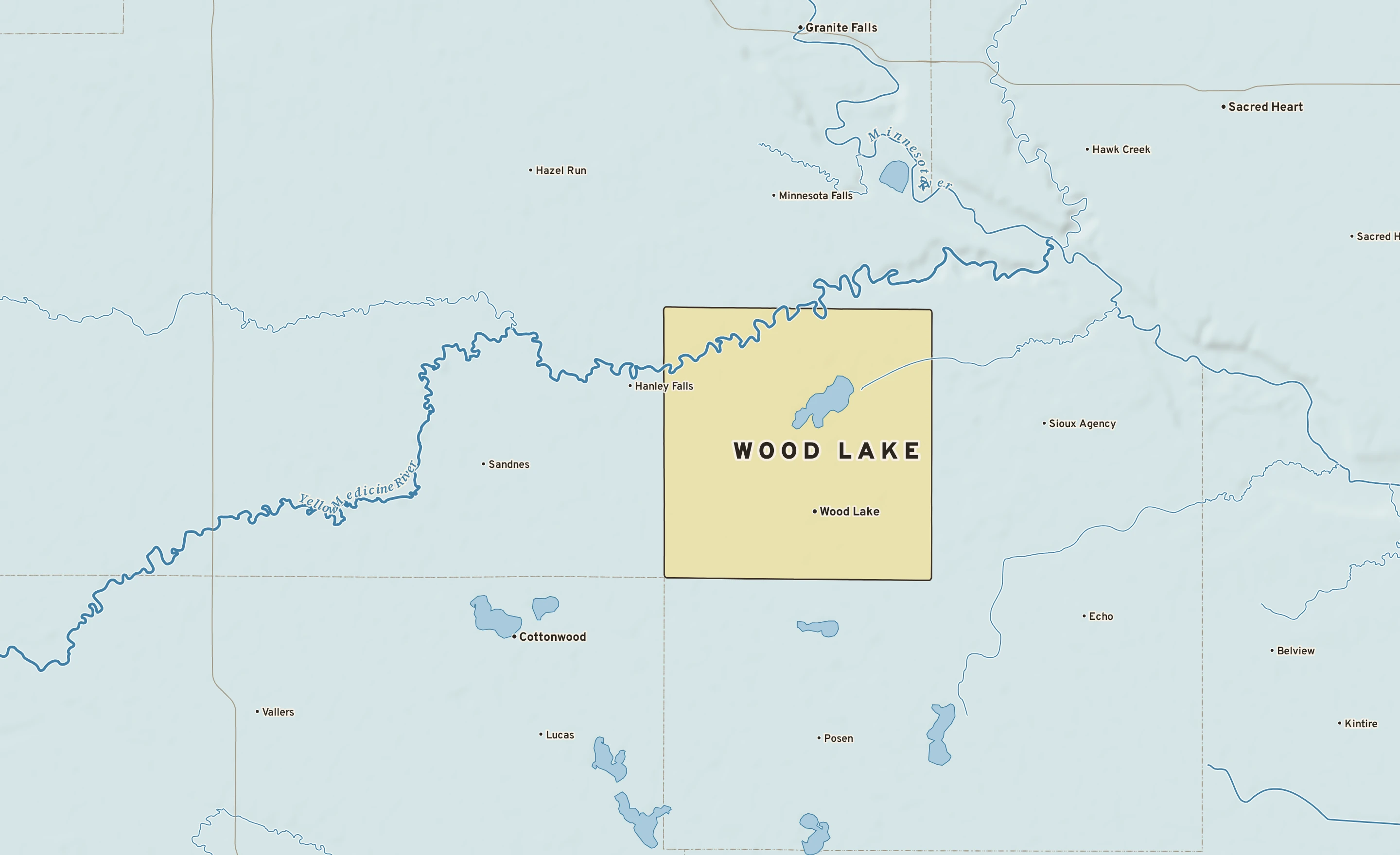 Shaded-relief atlas plate of Wood Lake, Minnesota: rivers, roads, the city limits and where the water drains.