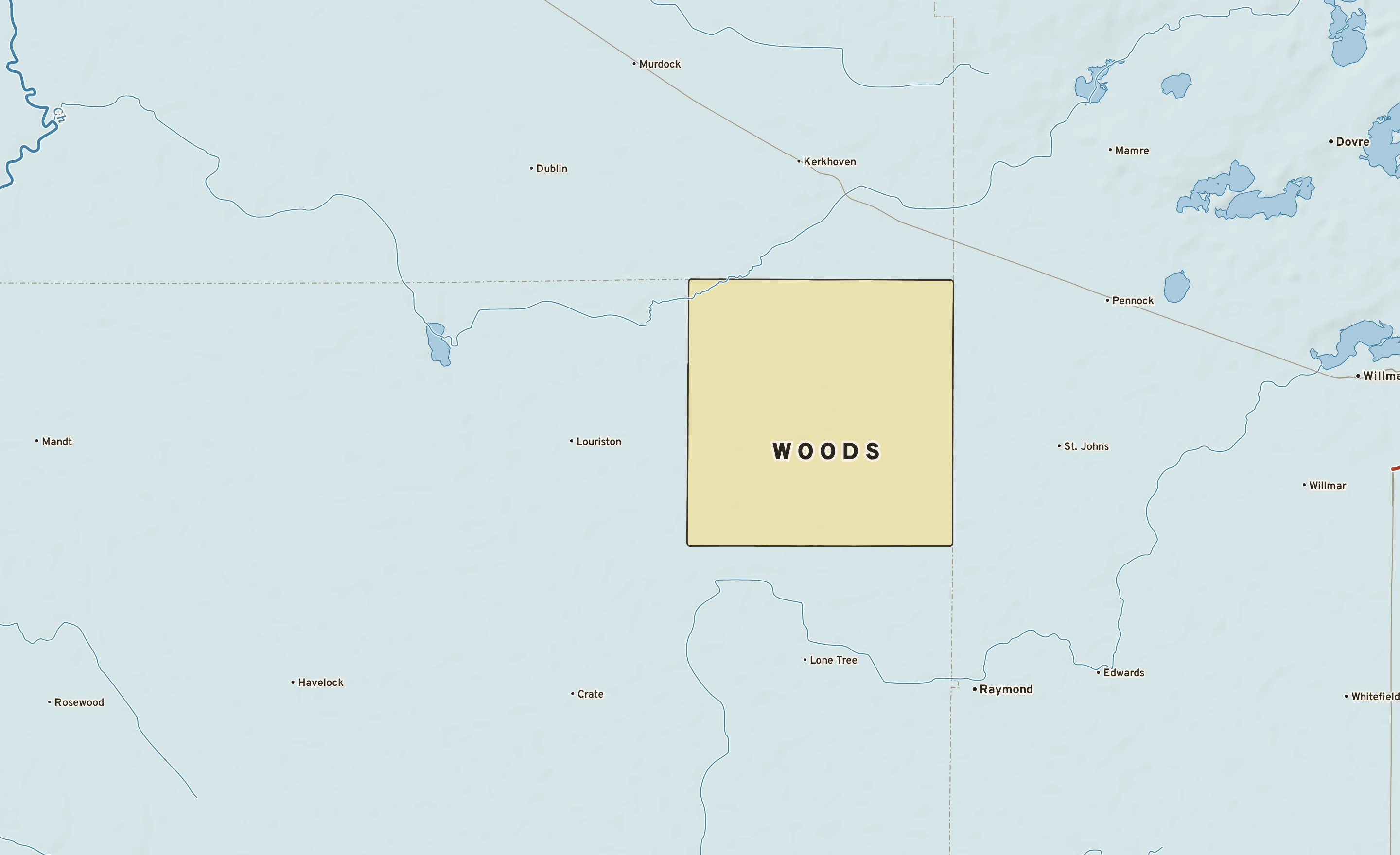 Shaded-relief atlas plate of Woods, Minnesota: rivers, roads, the city limits and where the water drains.