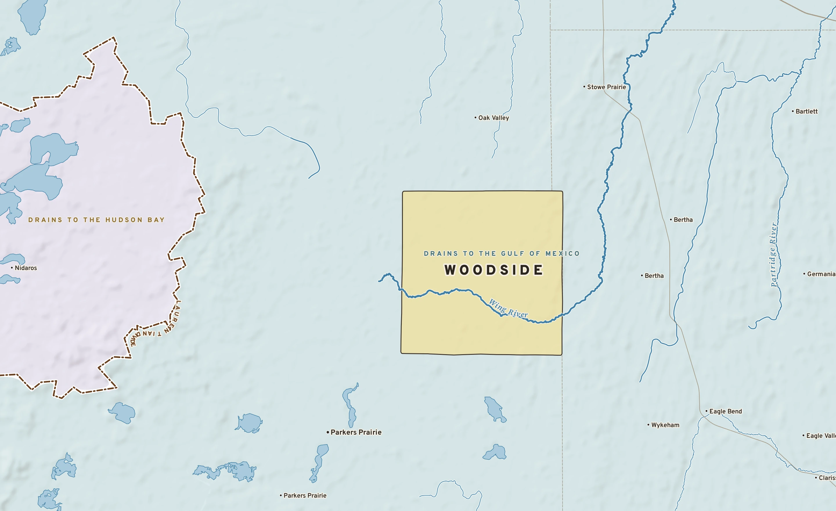 Shaded-relief atlas plate of Woodside, Minnesota: rivers, roads, the city limits and where the water drains.