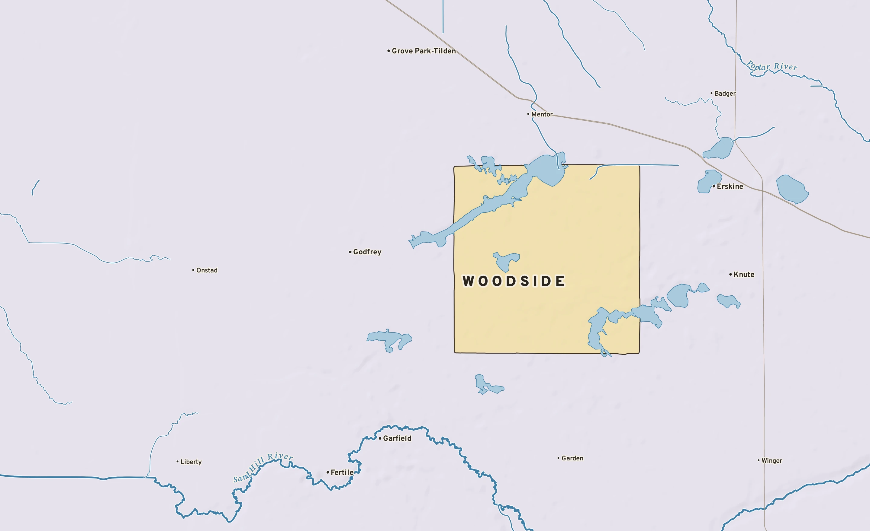 Shaded-relief atlas plate of Woodside, Minnesota: rivers, roads, the city limits and where the water drains.