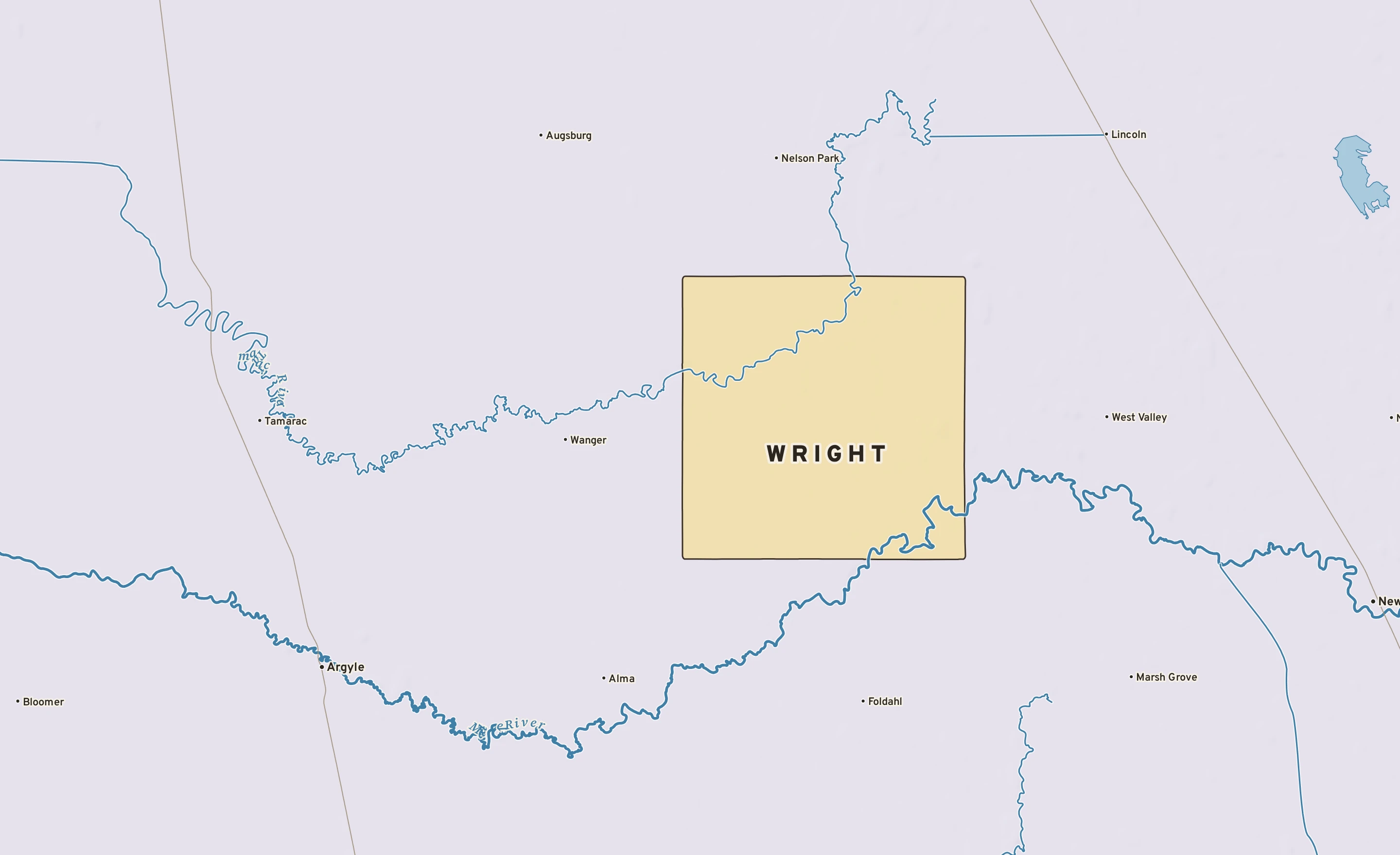 Shaded-relief atlas plate of Wright, Minnesota: rivers, roads, the city limits and where the water drains.