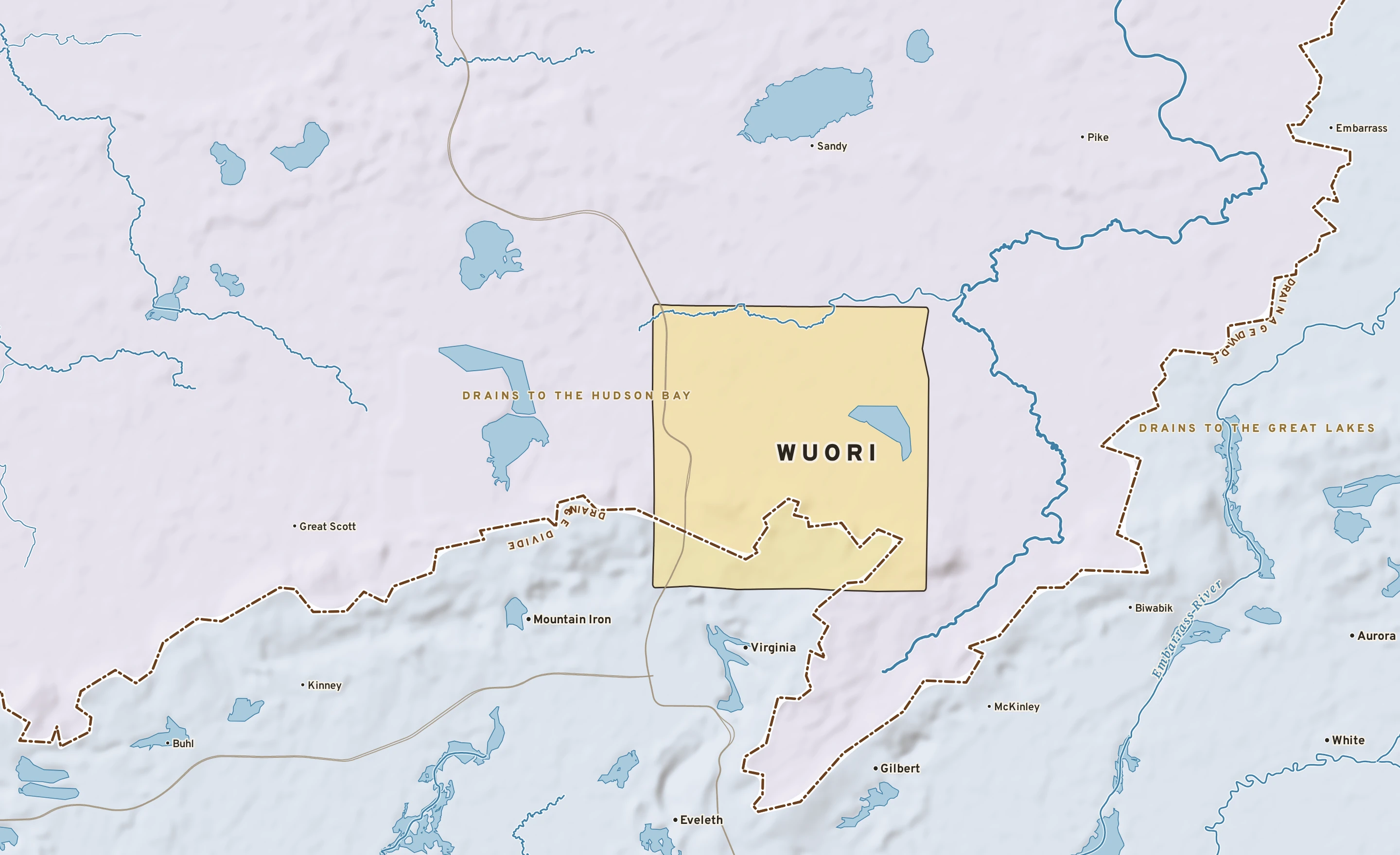 Shaded-relief atlas plate of Wuori, Minnesota: rivers, roads, the city limits and where the water drains.
