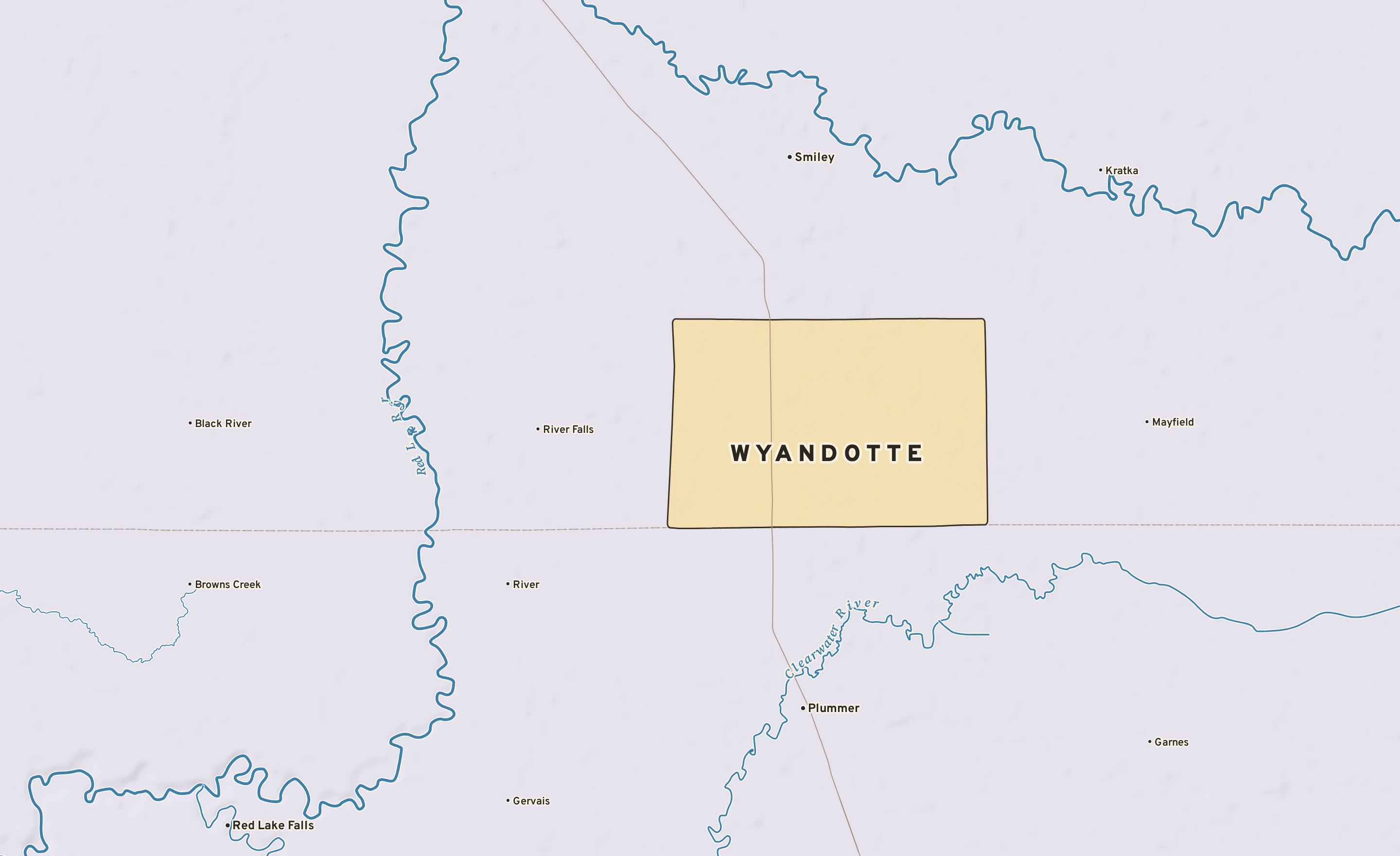 Shaded-relief atlas plate of Wyandotte, Minnesota: rivers, roads, the city limits and where the water drains.