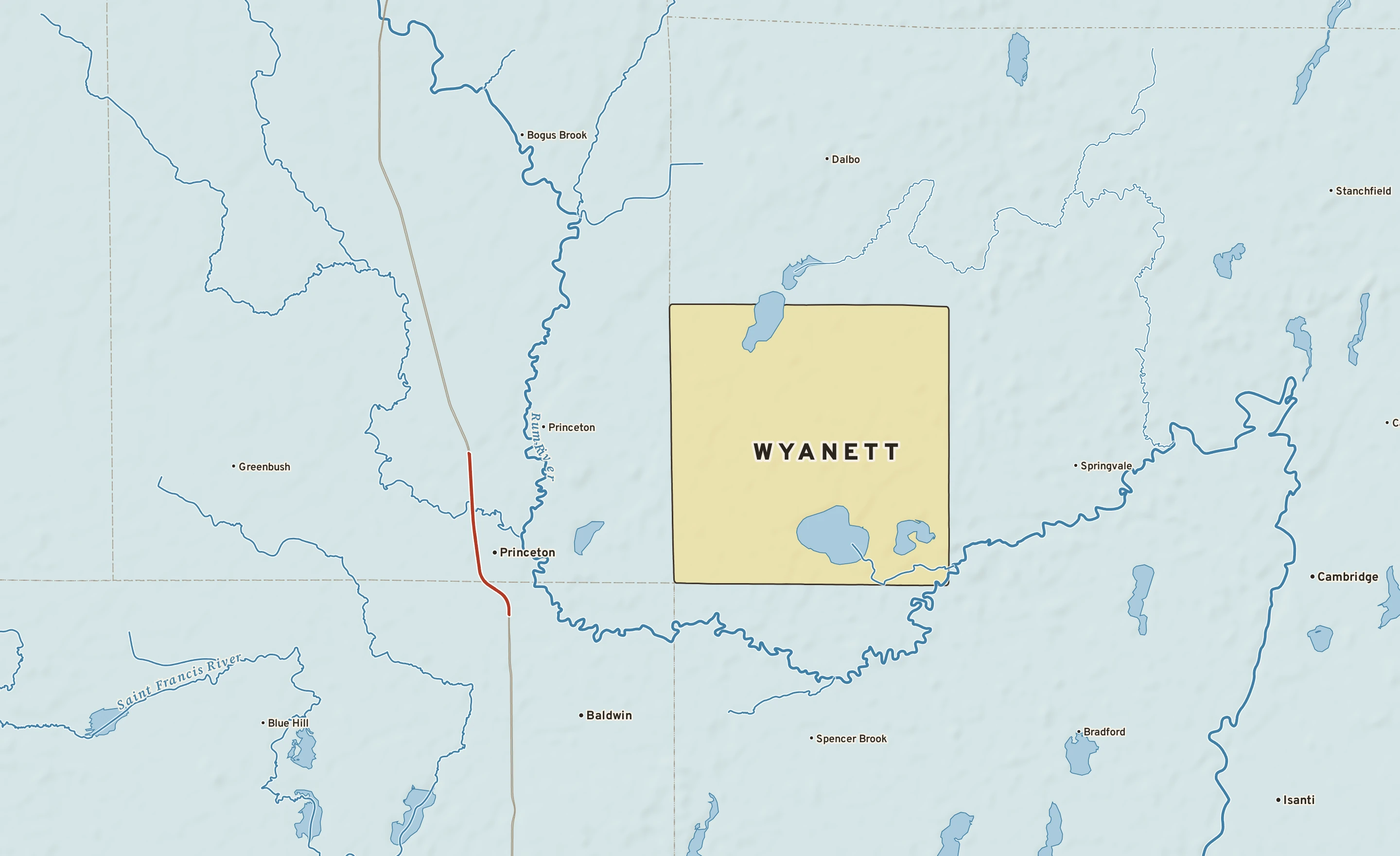 Shaded-relief atlas plate of Wyanett, Minnesota: rivers, roads, the city limits and where the water drains.