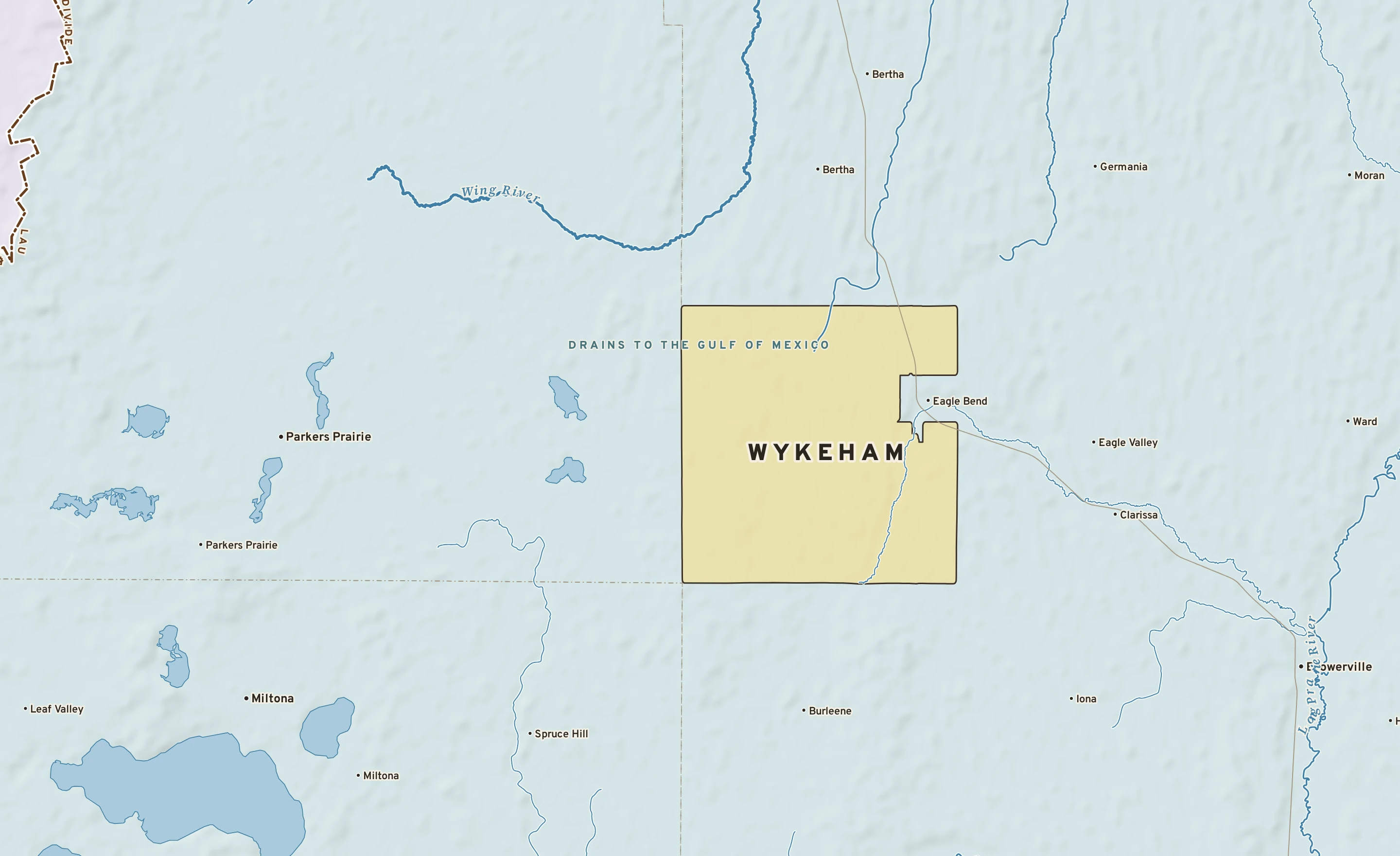 Shaded-relief atlas plate of Wykeham, Minnesota: rivers, roads, the city limits and where the water drains.