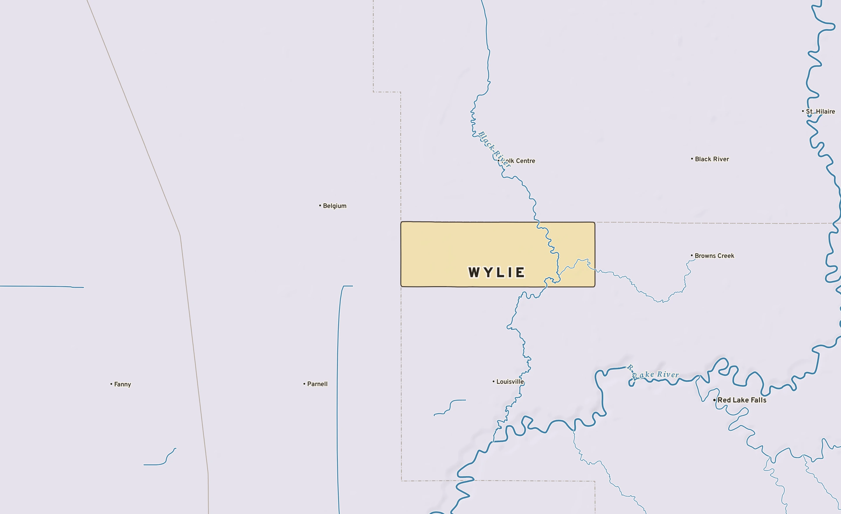 Shaded-relief atlas plate of Wylie, Minnesota: rivers, roads, the city limits and where the water drains.