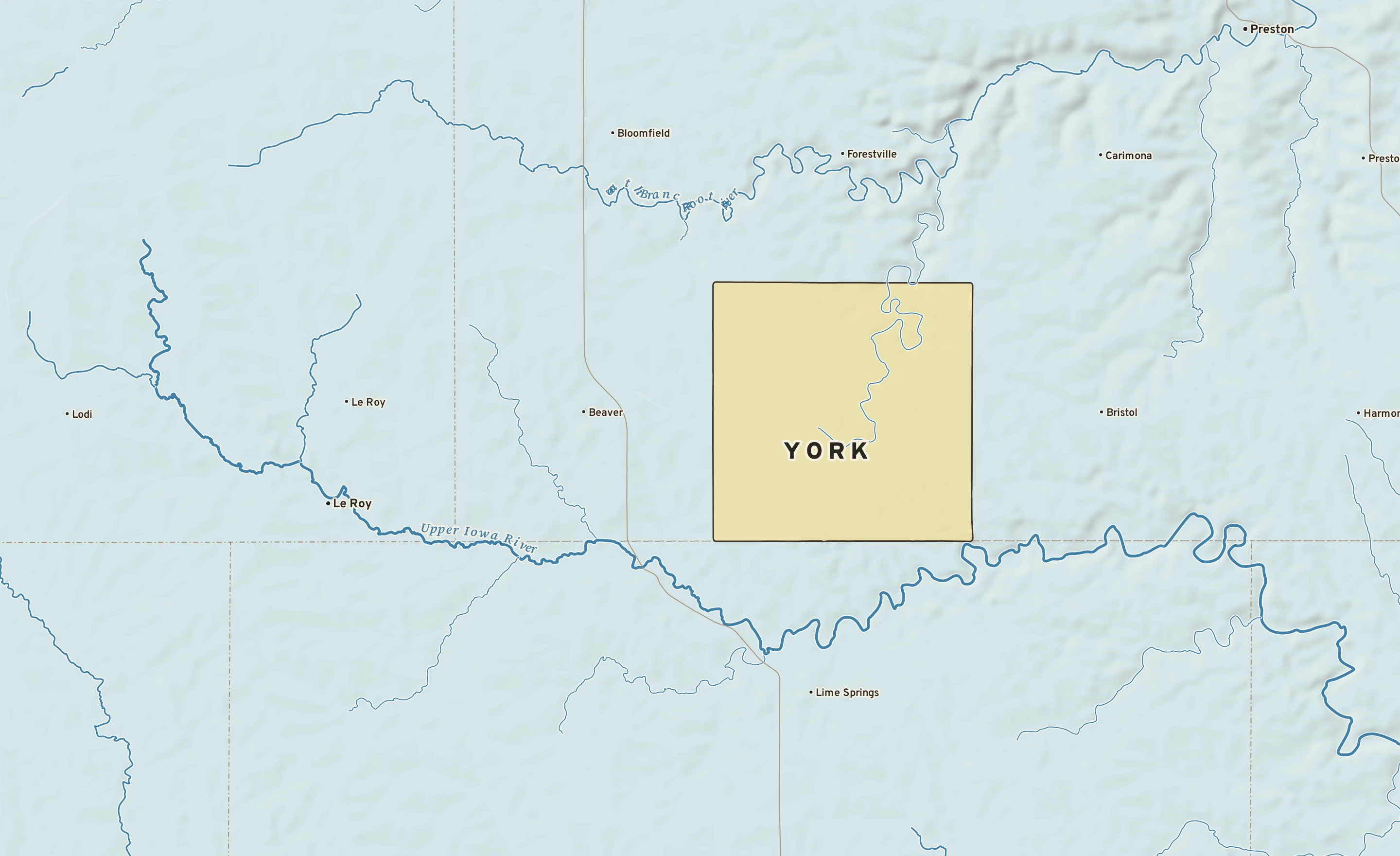 Shaded-relief atlas plate of York, Minnesota: rivers, roads, the city limits and where the water drains.