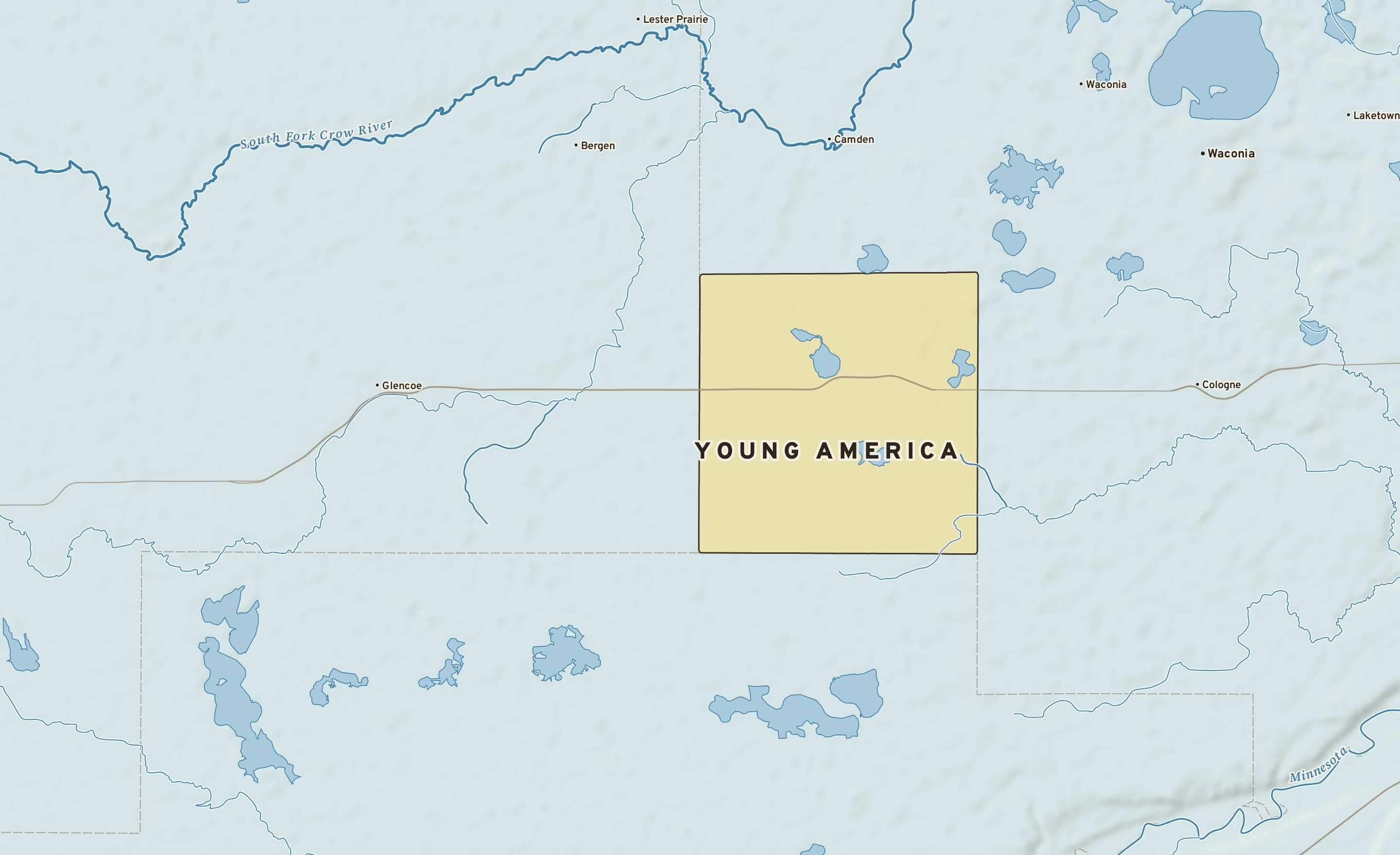 Shaded-relief atlas plate of Young America, Minnesota: rivers, roads, the city limits and where the water drains.