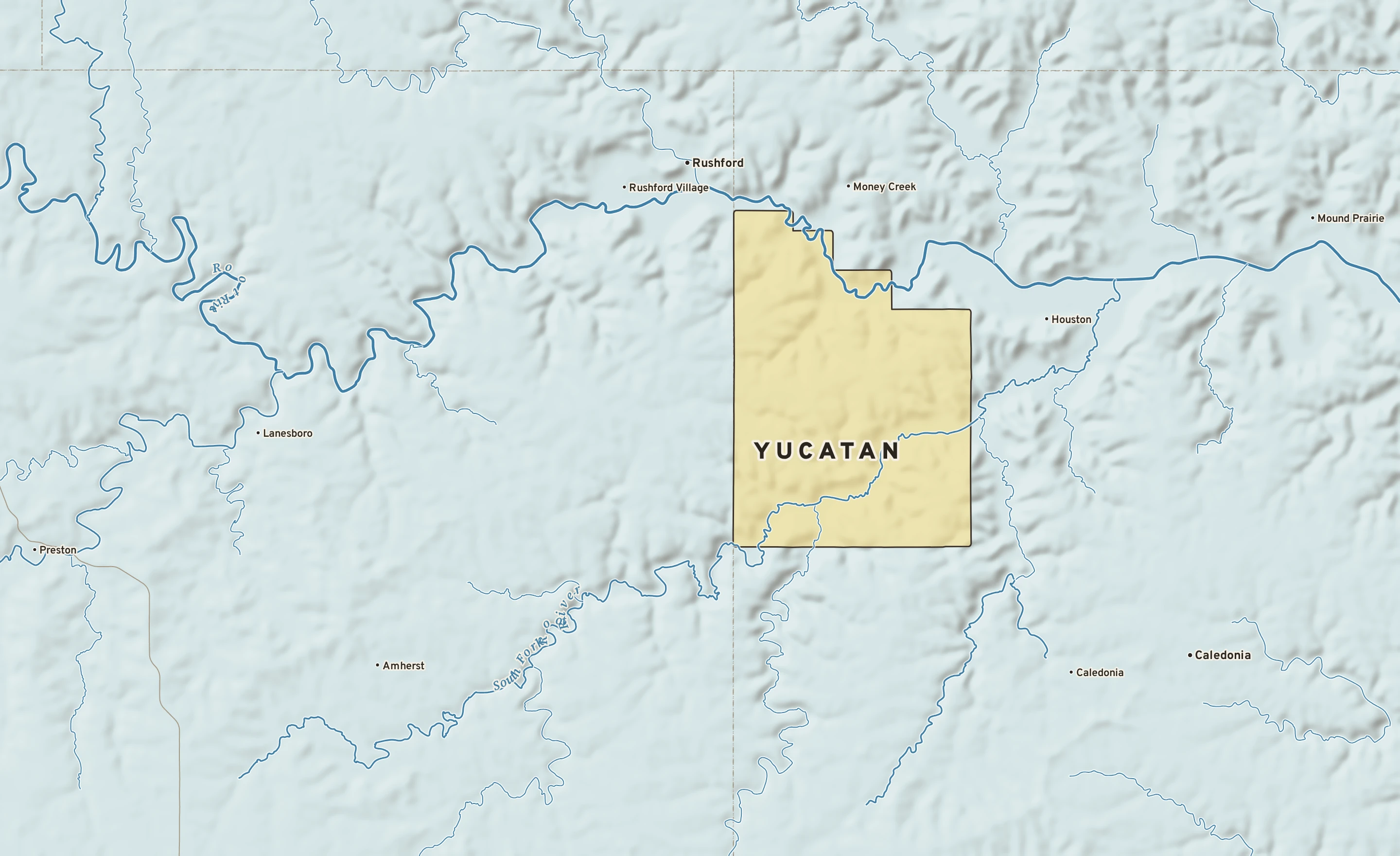 Shaded-relief atlas plate of Yucatan, Minnesota: rivers, roads, the city limits and where the water drains.
