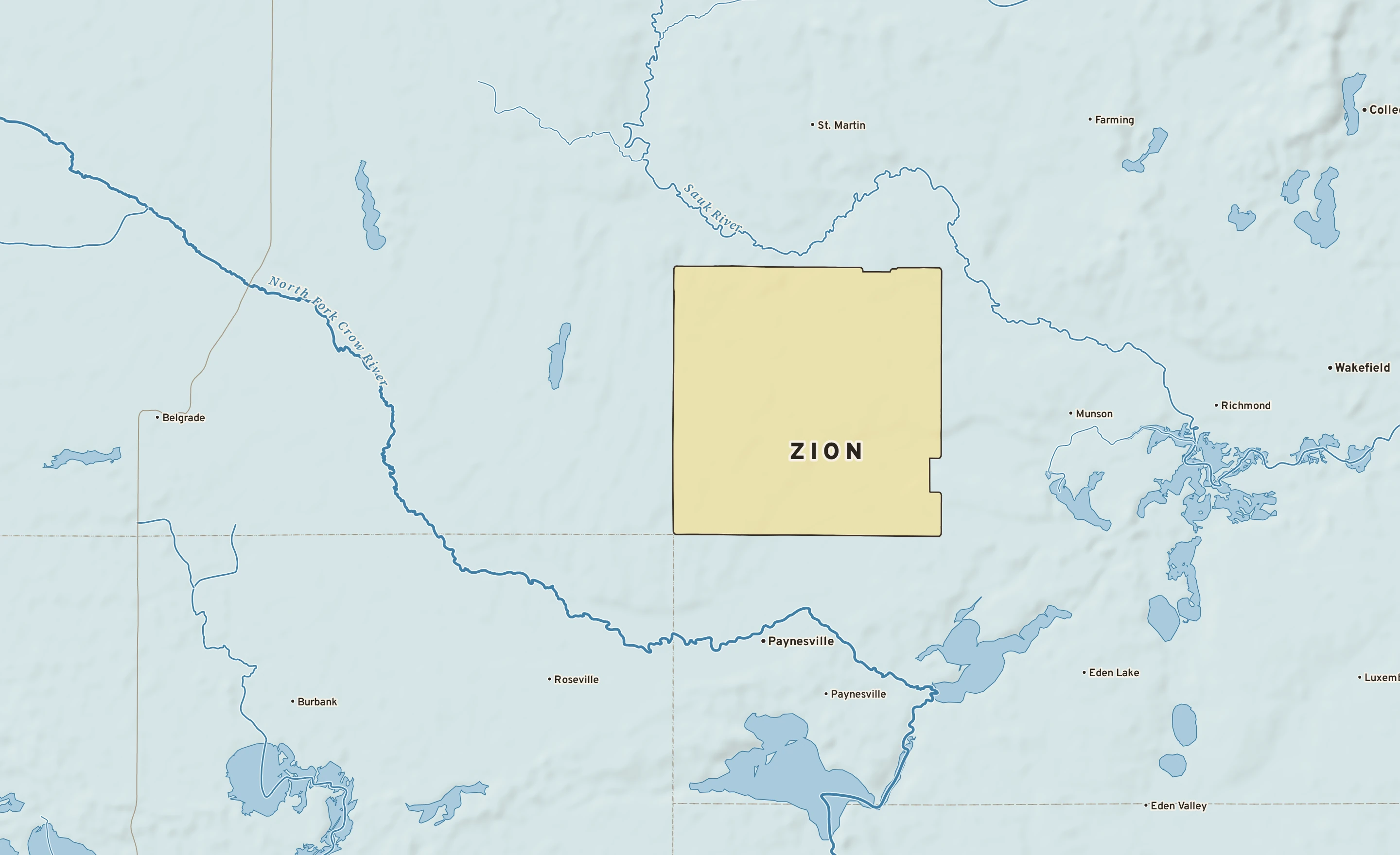 Shaded-relief atlas plate of Zion, Minnesota: rivers, roads, the city limits and where the water drains.