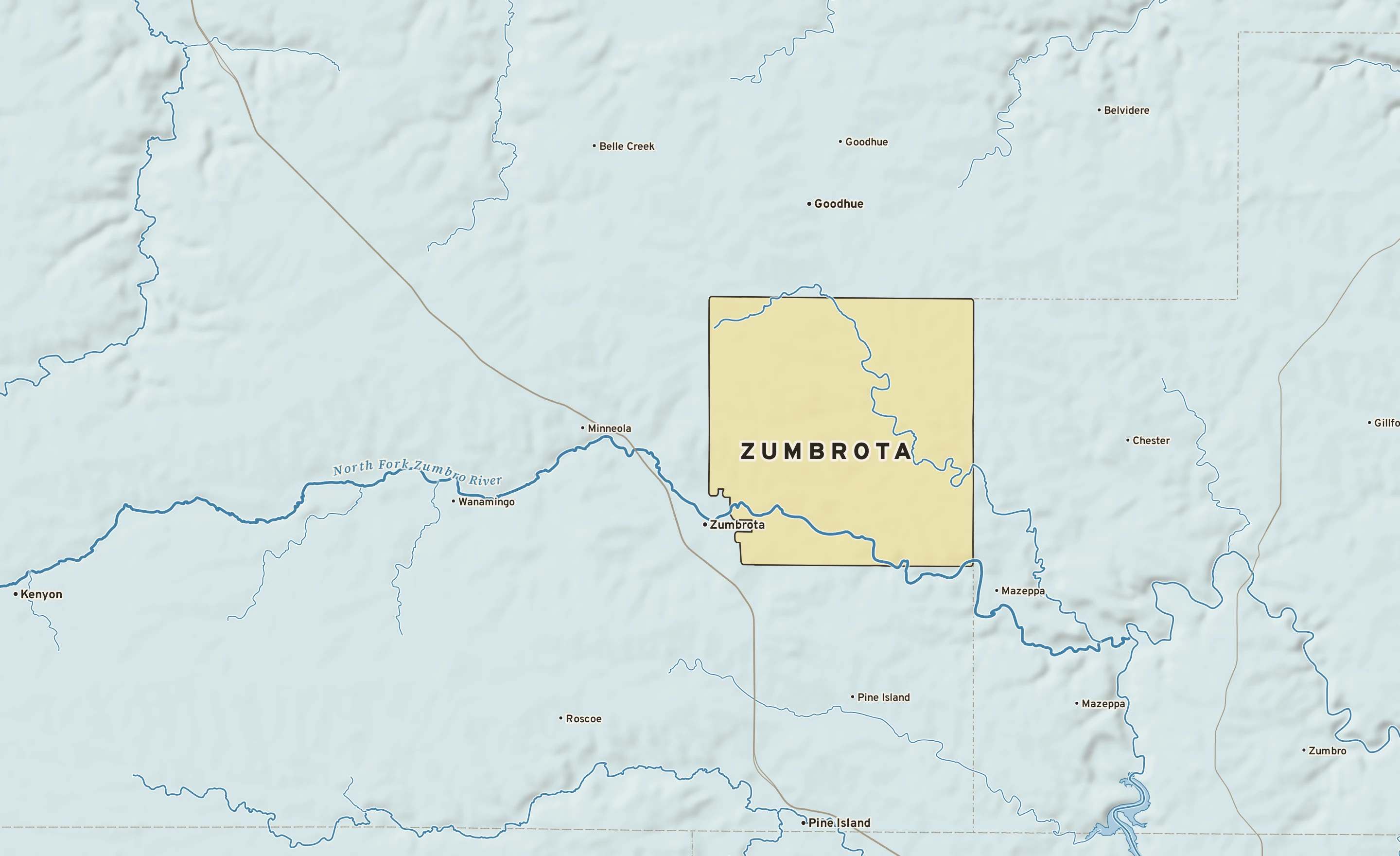 Shaded-relief atlas plate of Zumbrota, Minnesota: rivers, roads, the city limits and where the water drains.