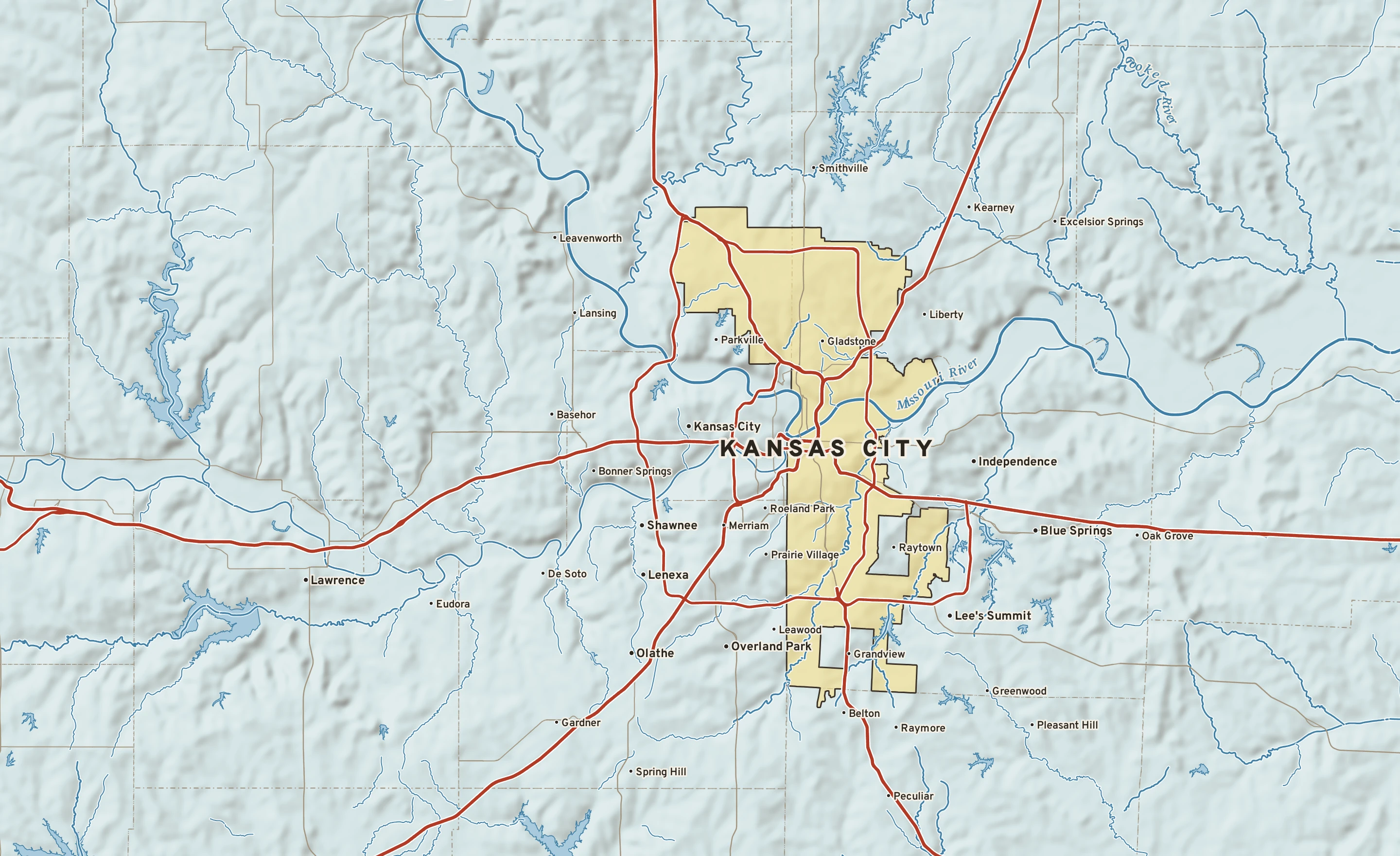 Shaded-relief atlas plate of Kansas City, Missouri: rivers, roads, the city limits and where the water drains.
