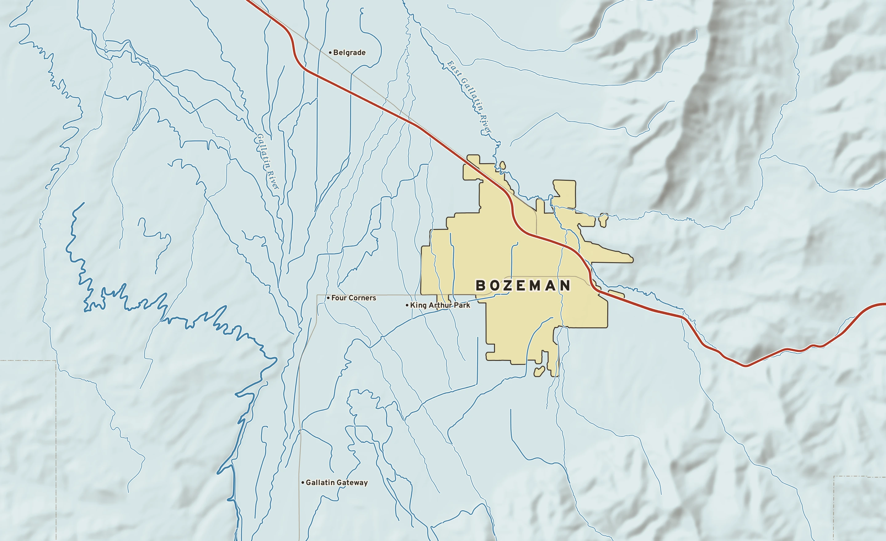Shaded-relief atlas plate of Bozeman, Montana: rivers, roads, the city limits and where the water drains.