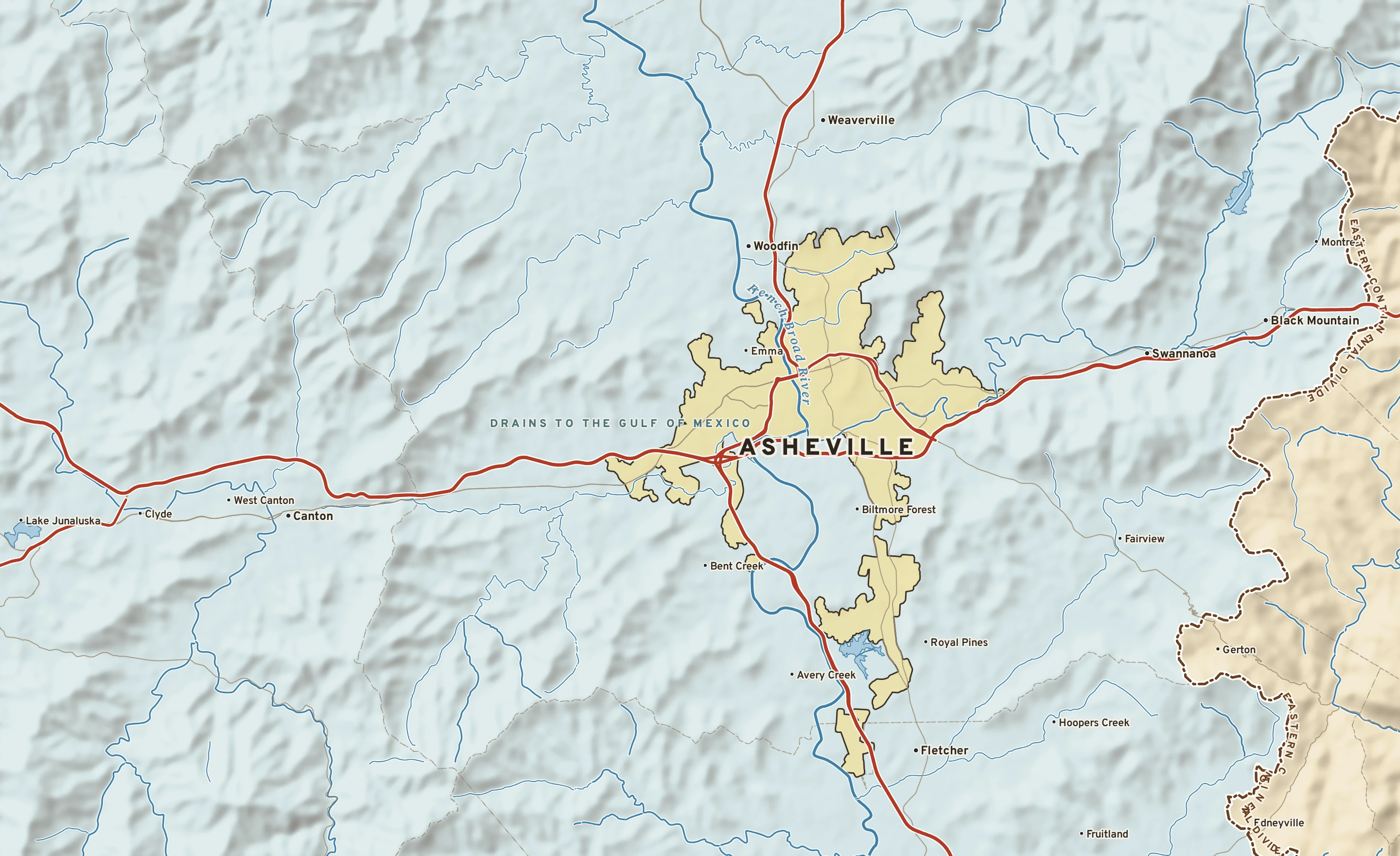 Shaded-relief atlas plate of Asheville, North Carolina: rivers, roads, the city limits and where the water drains.