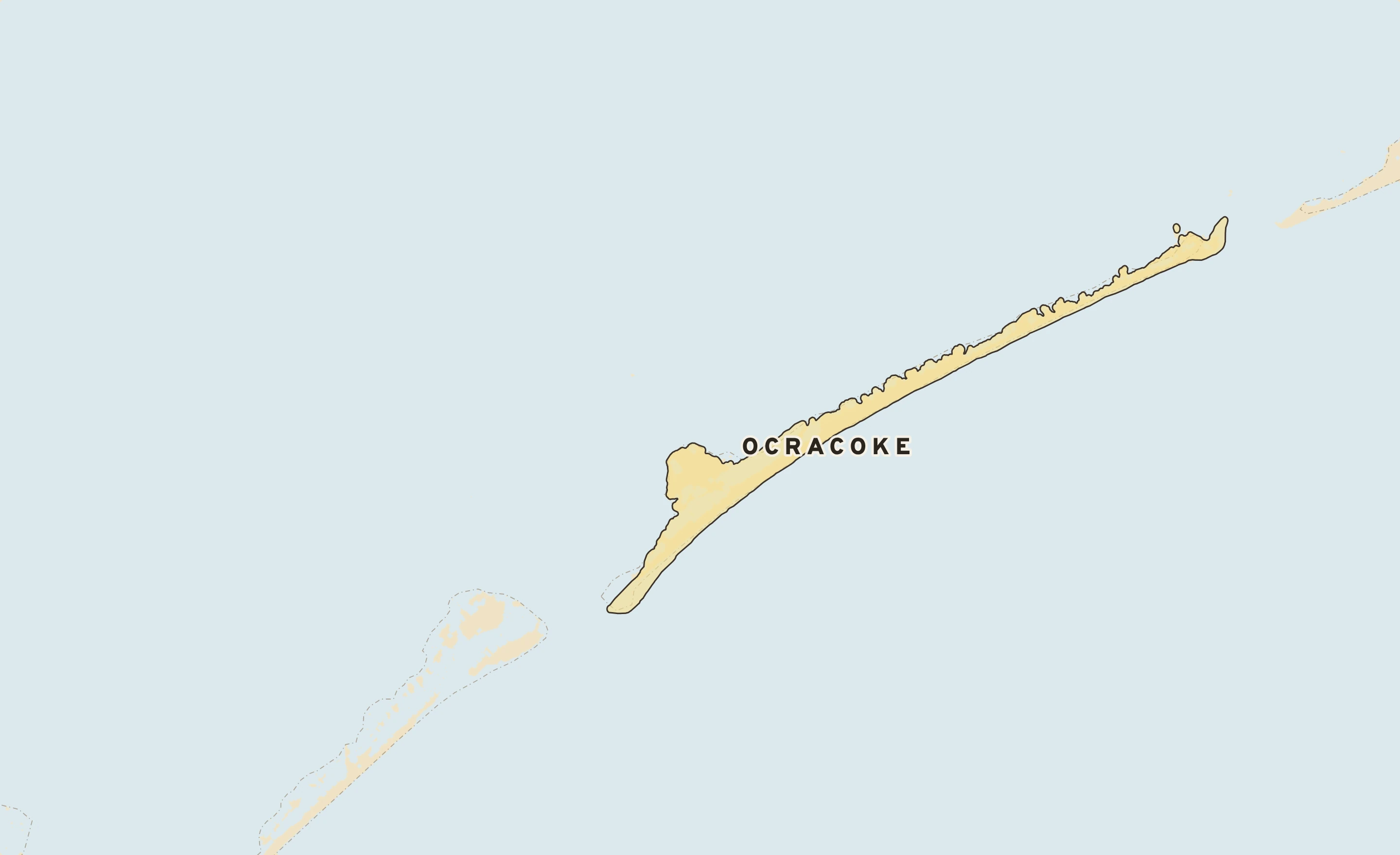 Shaded-relief atlas plate of Ocracoke, North Carolina: rivers, roads, the city limits and where the water drains.