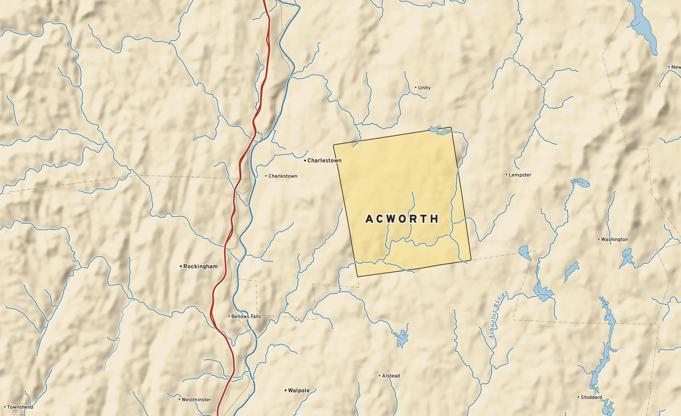 Shaded-relief atlas plate of Acworth, New Hampshire: rivers, roads, the city limits and where the water drains.