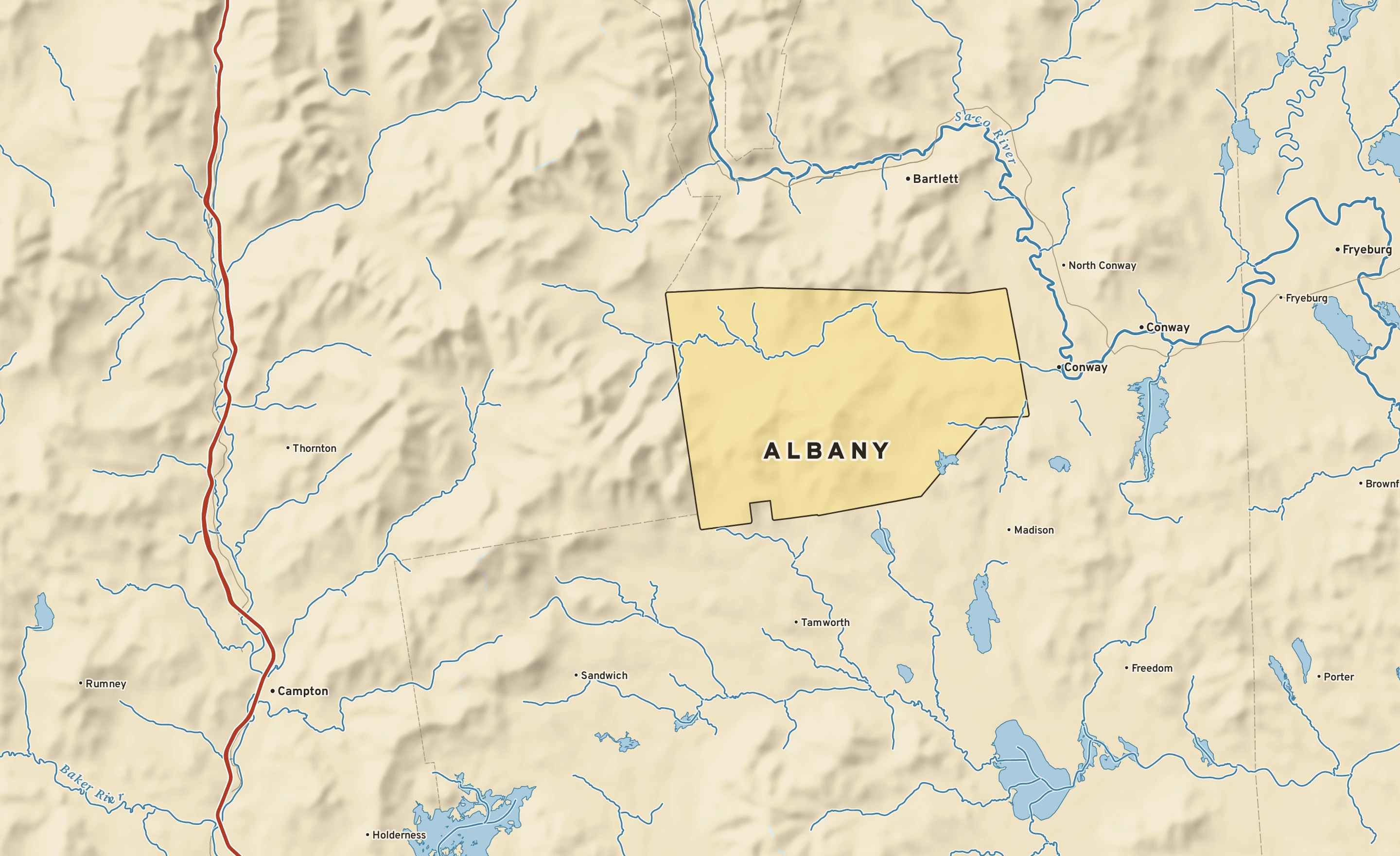 Shaded-relief atlas plate of Albany, New Hampshire: rivers, roads, the city limits and where the water drains.