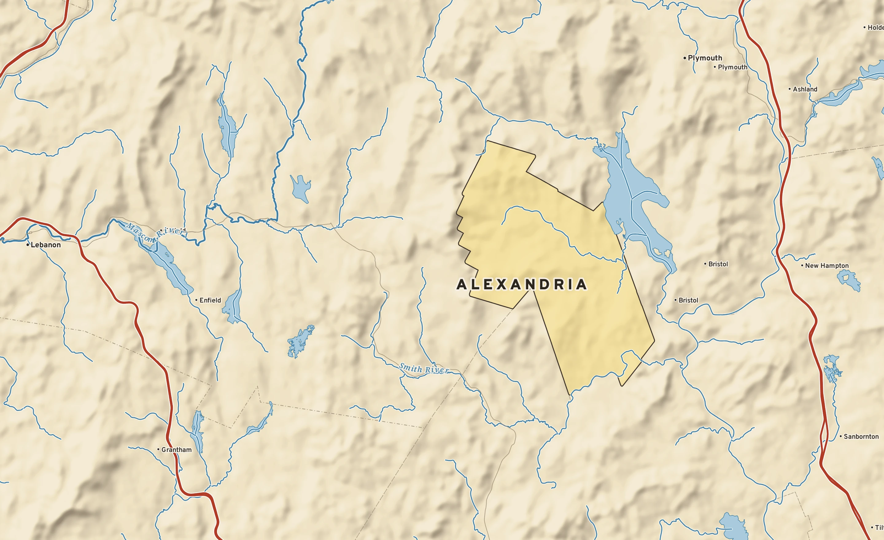Shaded-relief atlas plate of Alexandria, New Hampshire: rivers, roads, the city limits and where the water drains.