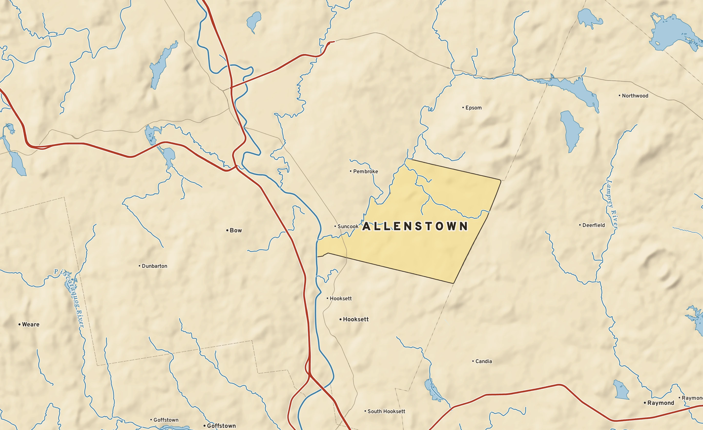 Shaded-relief atlas plate of Allenstown, New Hampshire: rivers, roads, the city limits and where the water drains.