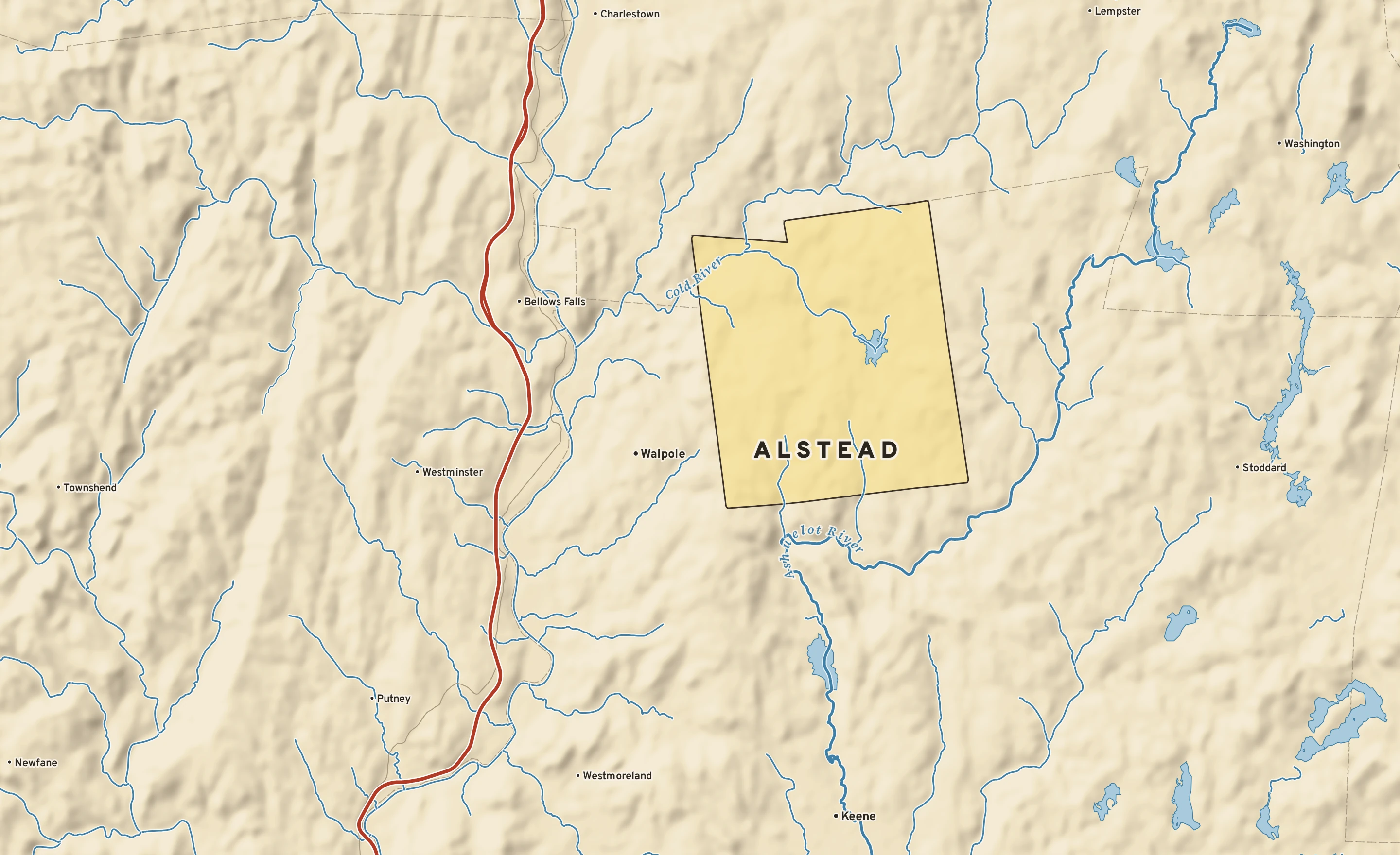 Shaded-relief atlas plate of Alstead, New Hampshire: rivers, roads, the city limits and where the water drains.