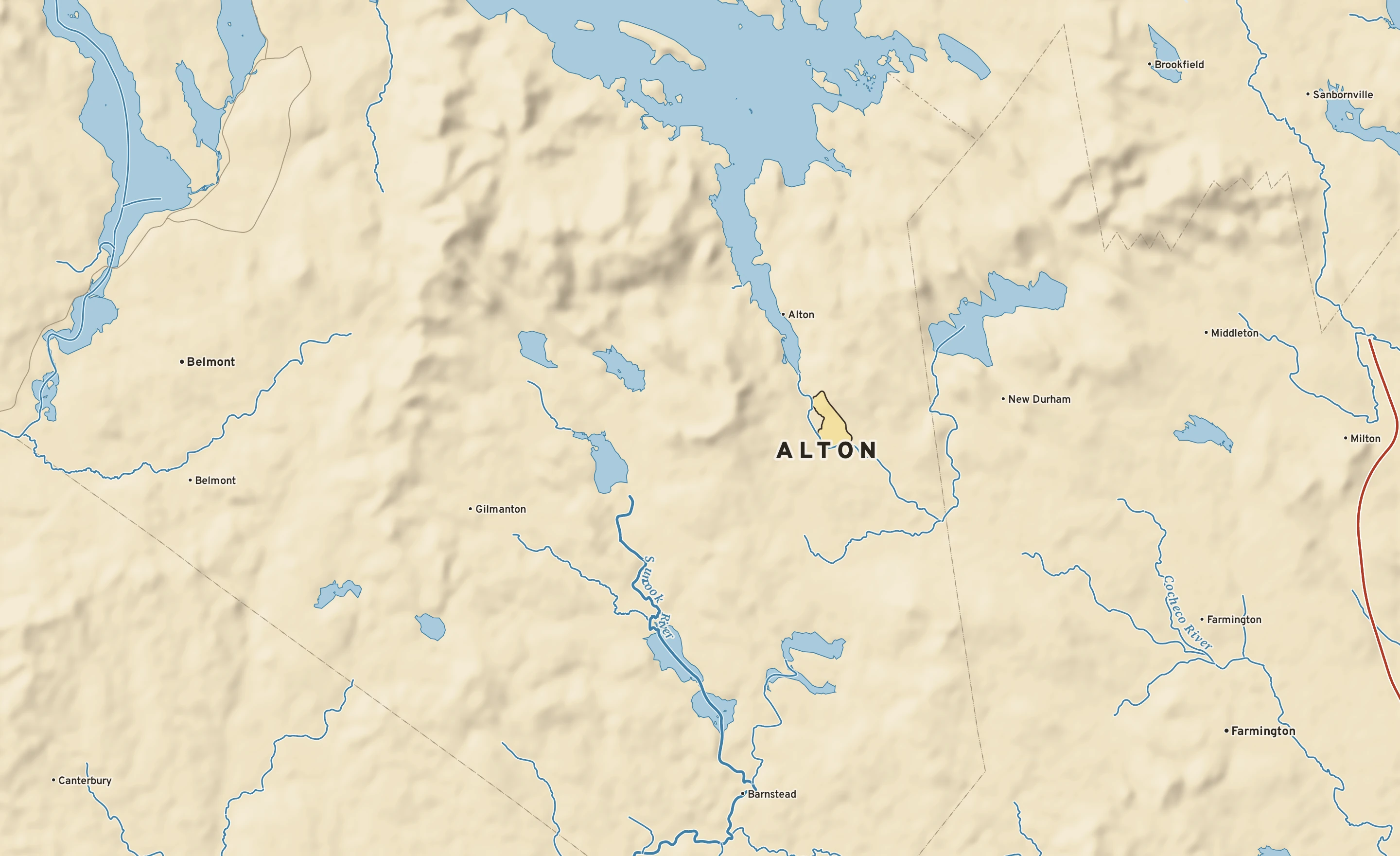 Shaded-relief atlas plate of Alton, New Hampshire: rivers, roads, the city limits and where the water drains.