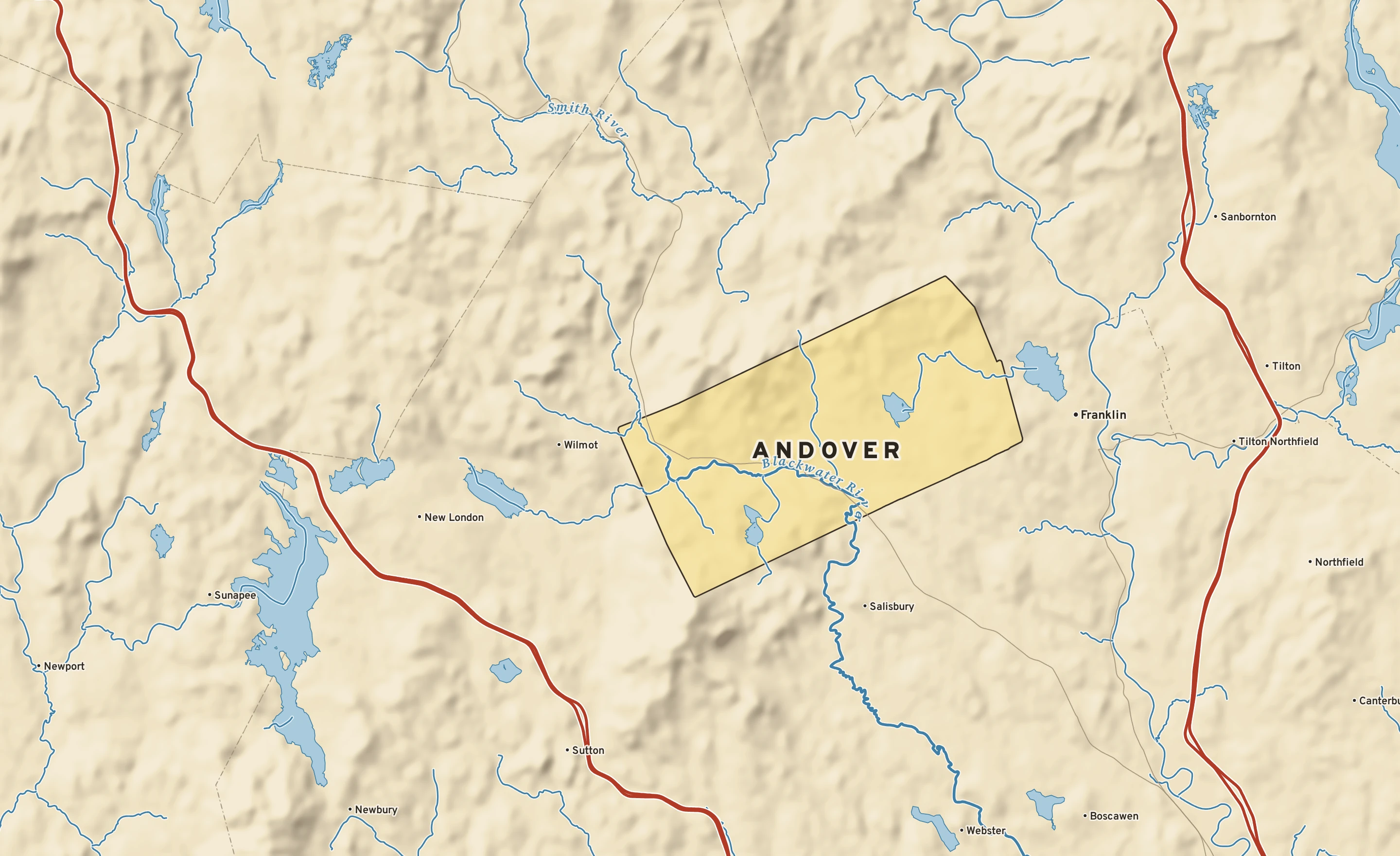 Shaded-relief atlas plate of Andover, New Hampshire: rivers, roads, the city limits and where the water drains.